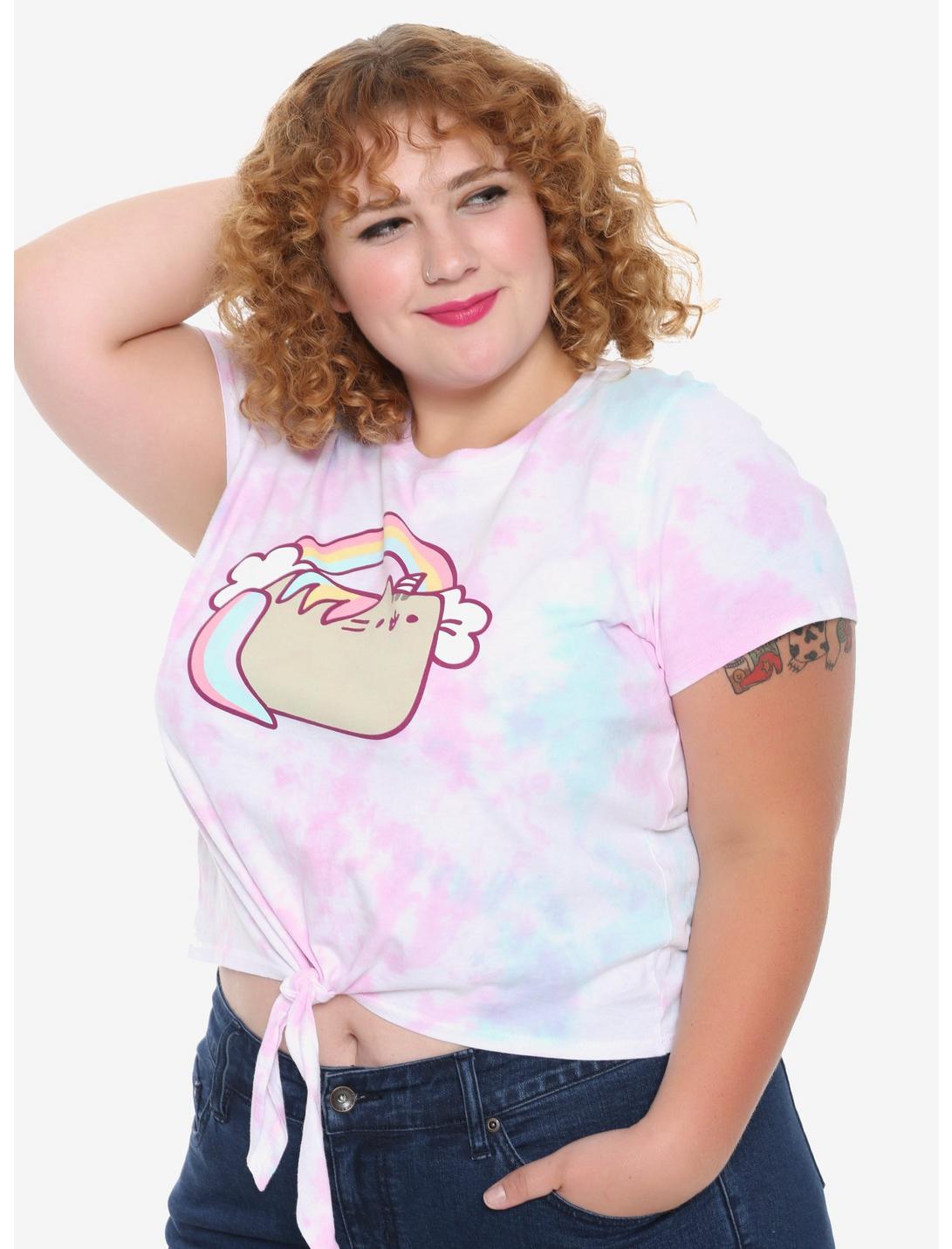 Pusheen Tie-Dye Rainbow Tied Girls Crop T-Shirt Plus Size, PINK, hi-res