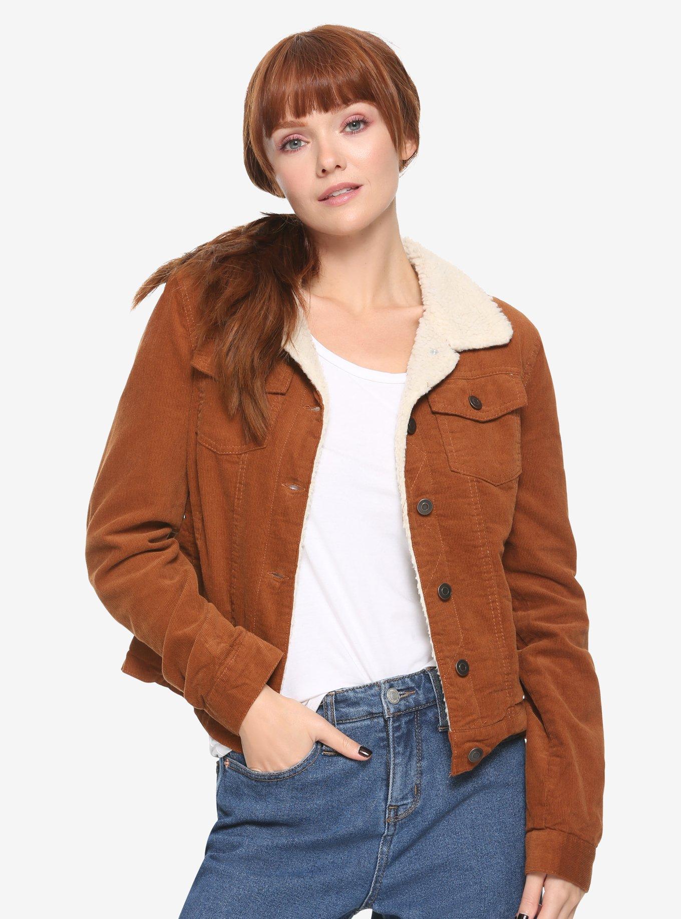 Corduroy Brown Sherpa Collar Girls Jacket, BROWN, hi-res