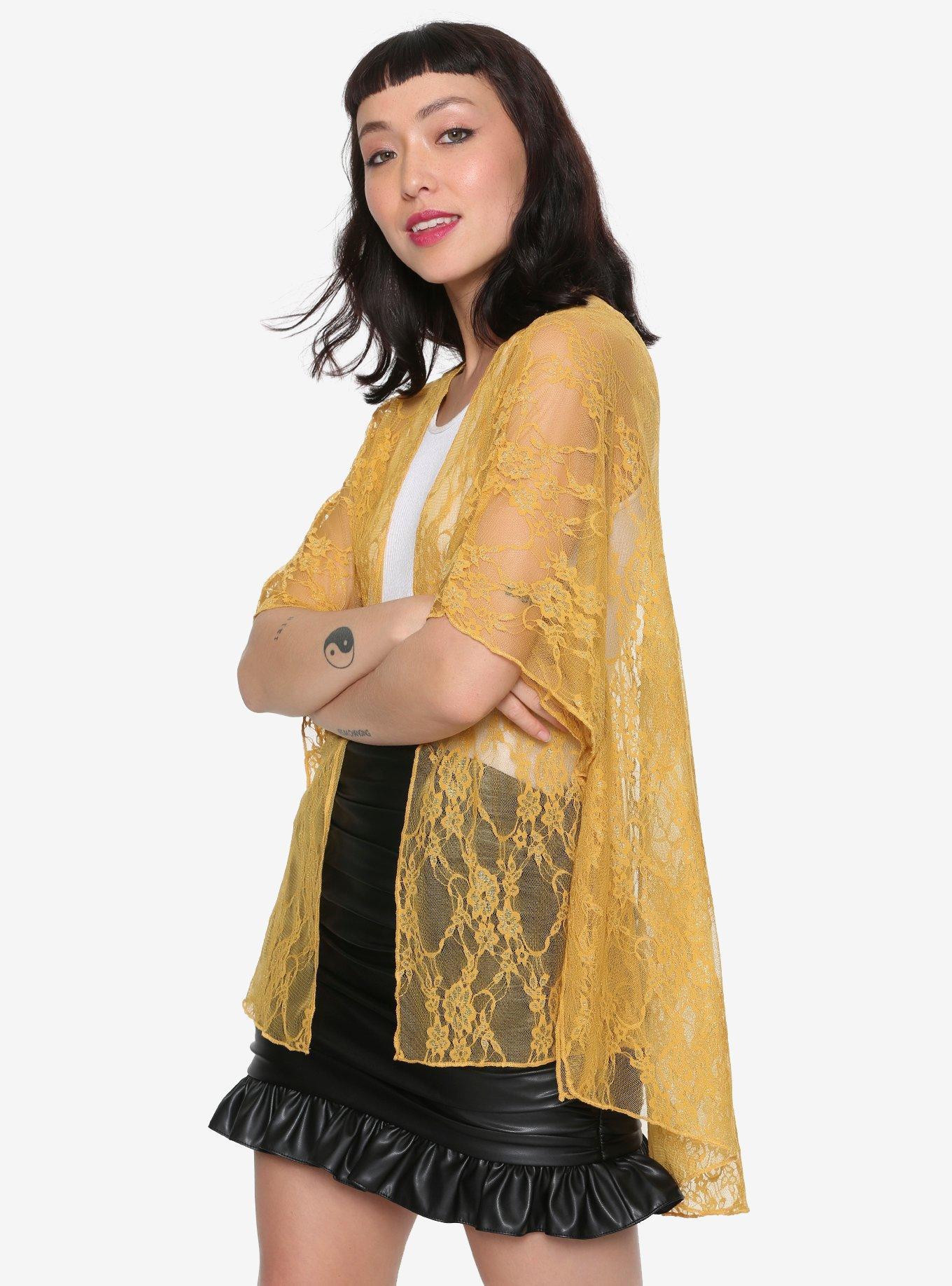 Mustard Yellow Short-Sleeve Lace Kimono, YELLOW, hi-res