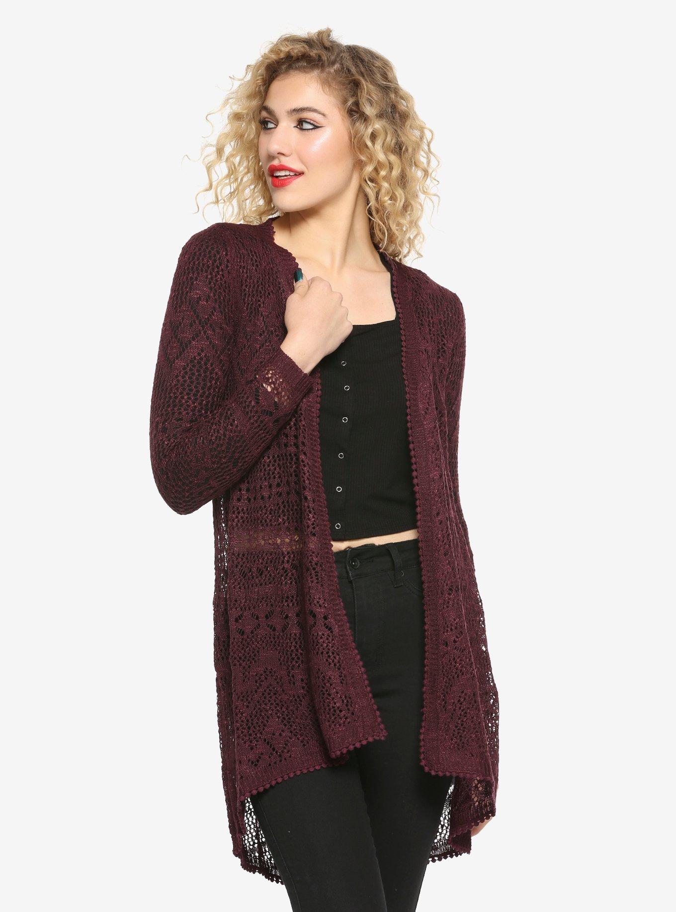 Plum Crochet Open Front Cardigan | Hot Topic