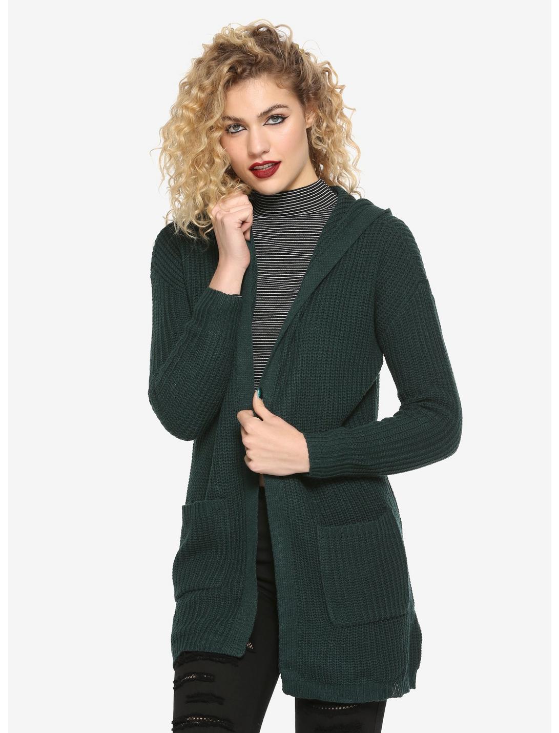 Almost Famous Green Lace-Up Back Hooded Cardigan, FOREST, hi-res