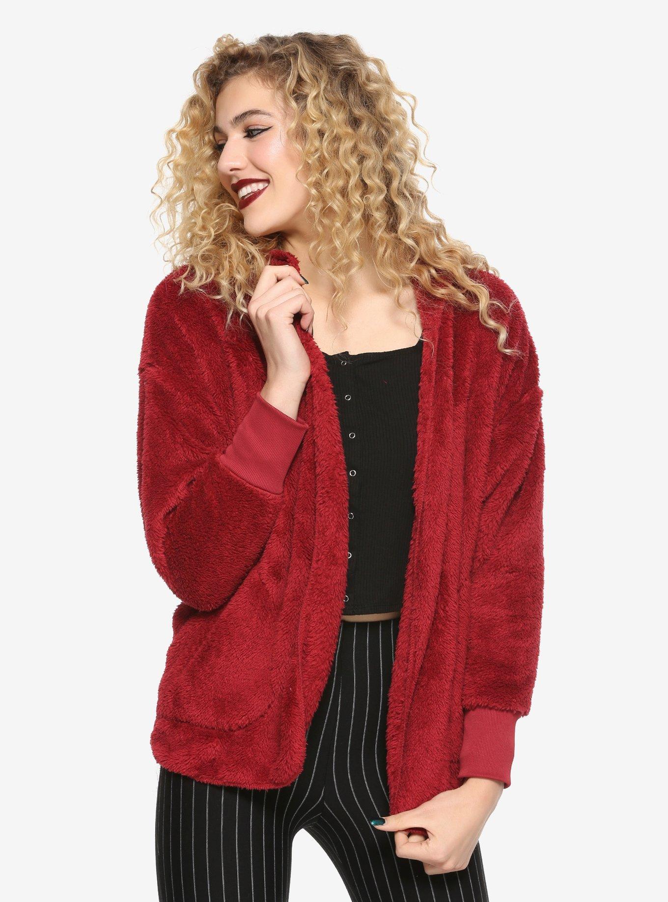 Burgundy Sherpa Hooded Girls Cardigan, BURGUNDY, hi-res