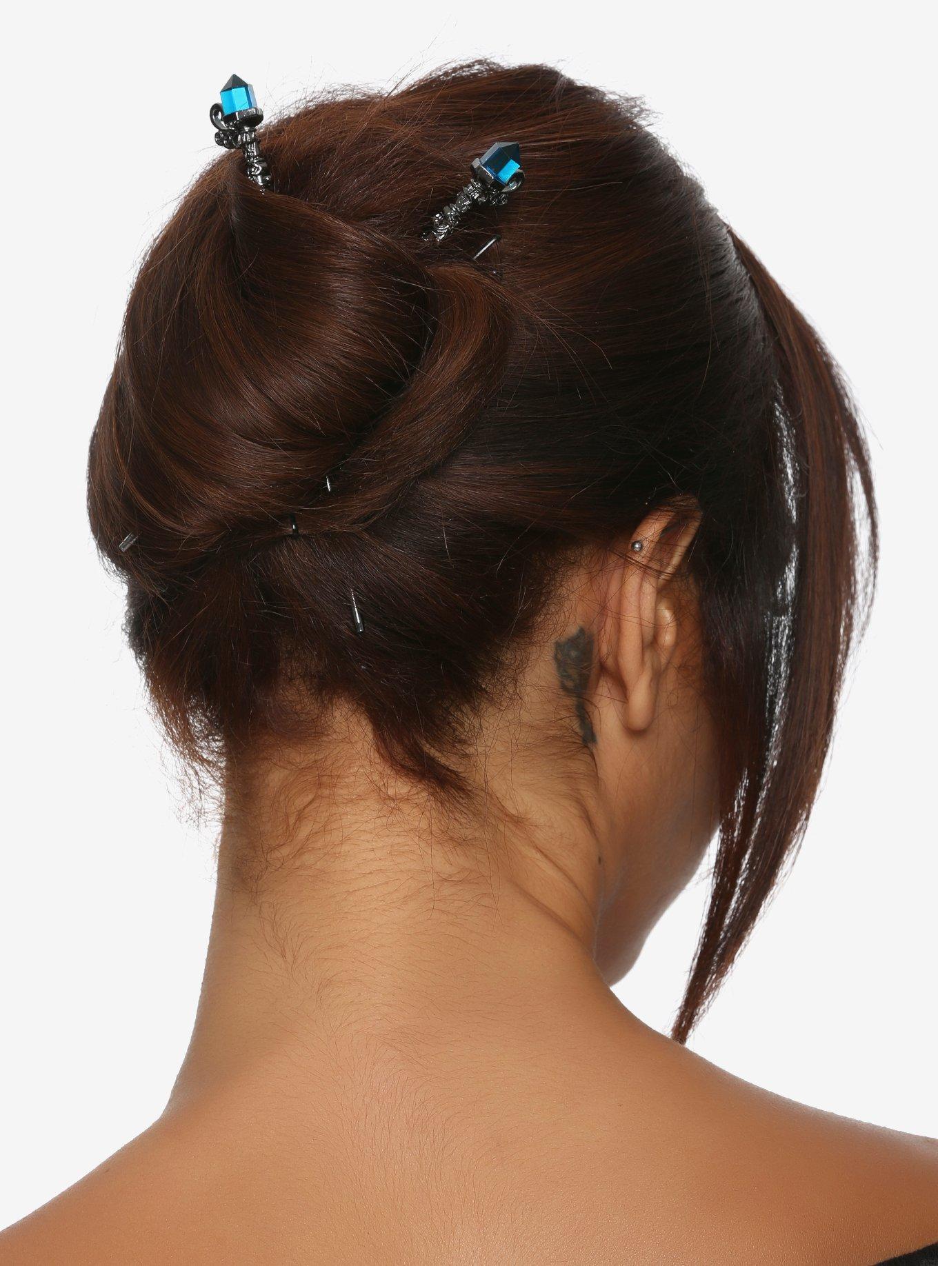 Blue Crystal Gunmetal Hair Sticks, , hi-res