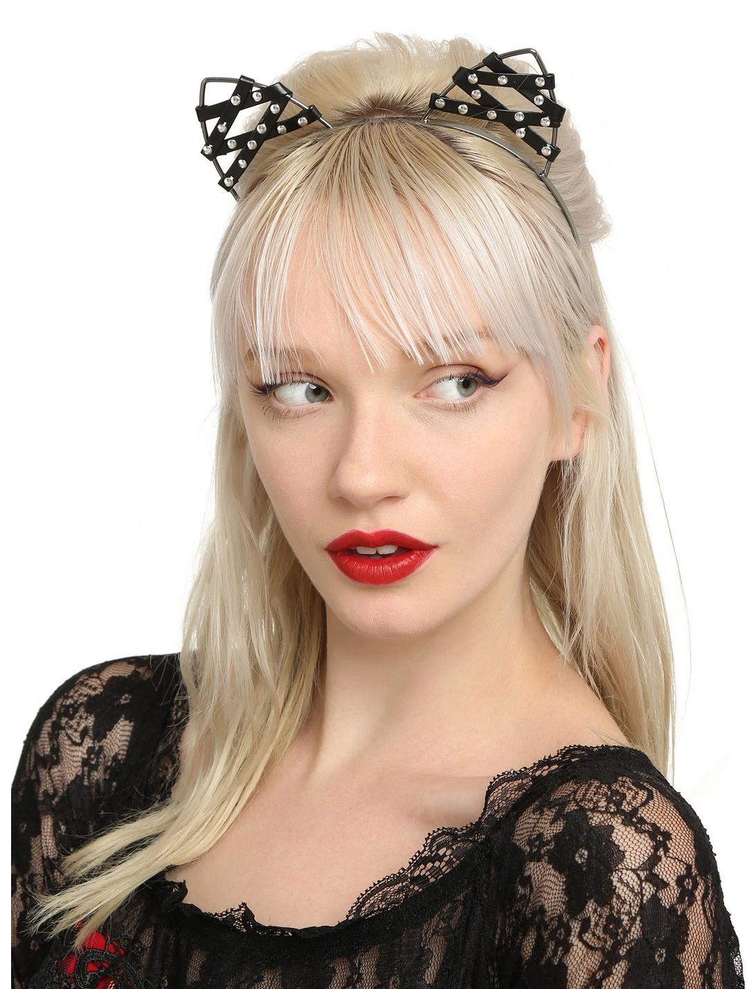 Studded Faux Leather Cat Ear Headband, , hi-res