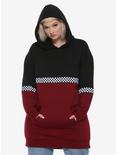 Black & Red Colorblock Checkered Girls Long Hoodie Plus Size, BLACK WHITE CHECKER, hi-res