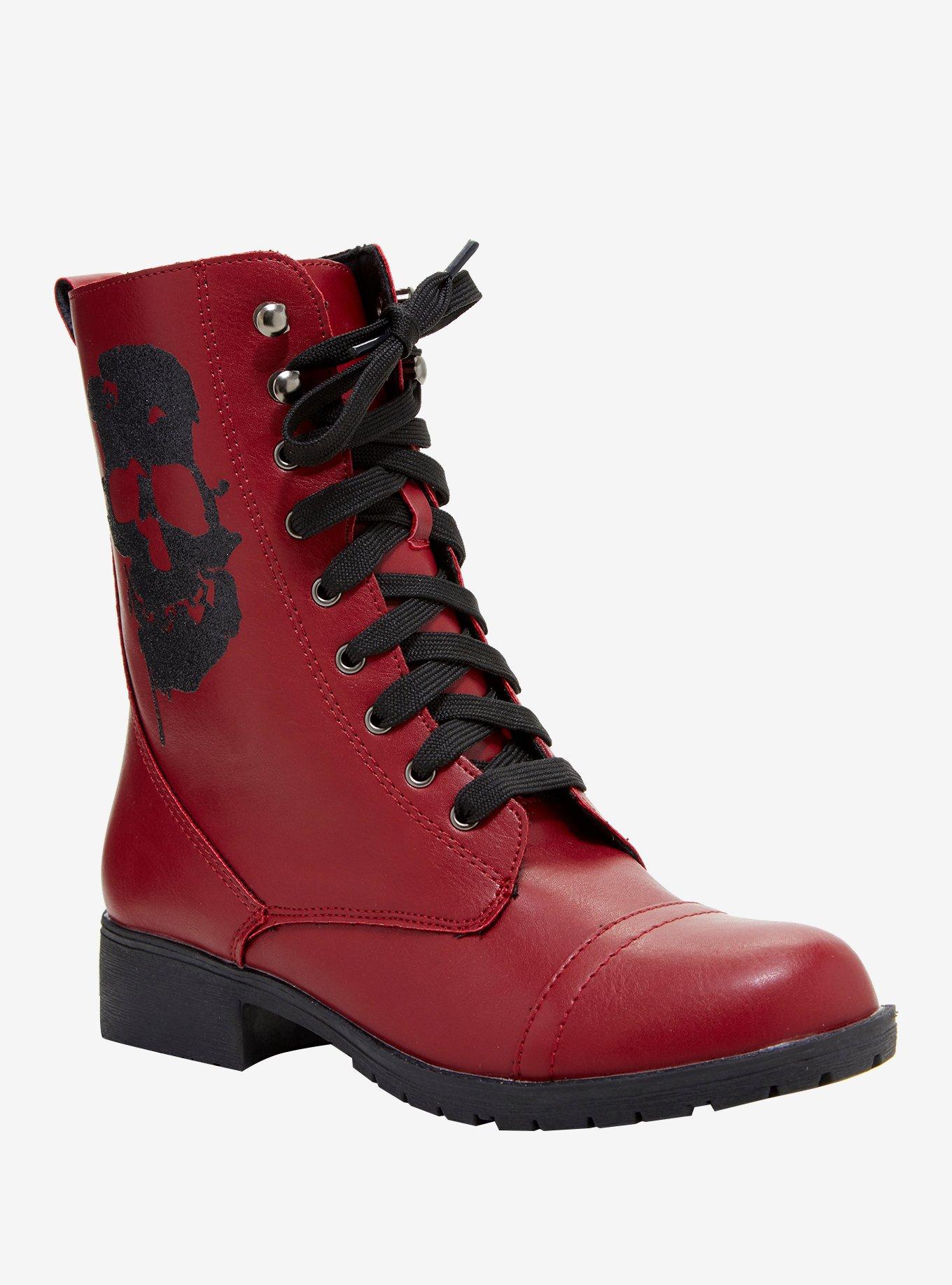 Burgundy Glitter Skull Combat Boots, BURGUNDY, hi-res