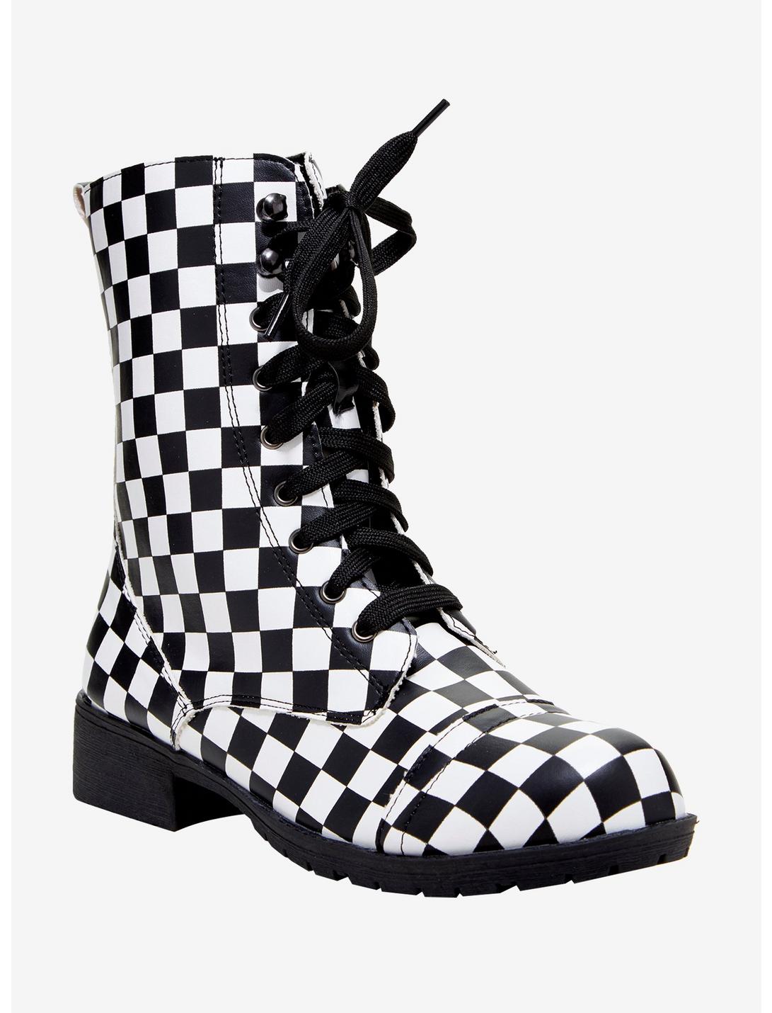 Black & White Checkered Combat Boots, BLACK-WHITE, hi-res