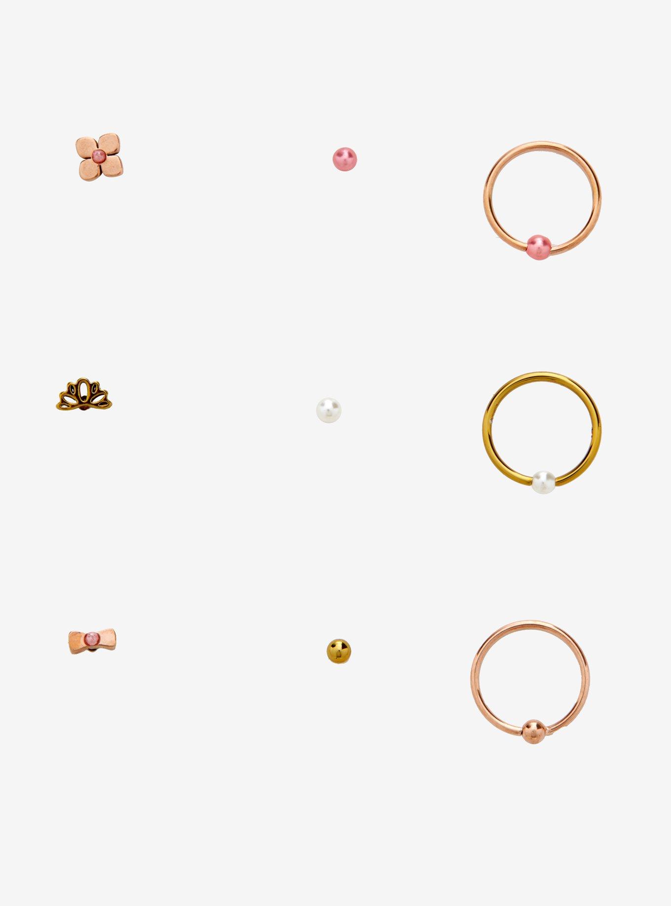 Steel Rose Gold & Gold Nose Stud & Ring 9 Pack, MULTI, hi-res