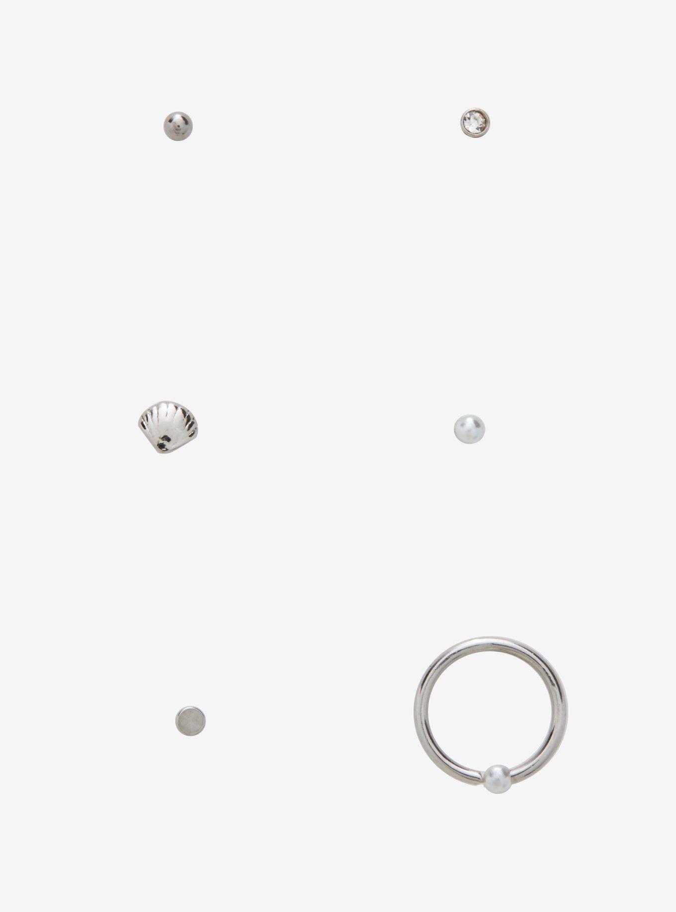 Steel Pearl & Shell Nose Stud & Hoop 6 Pack, SILVER, hi-res