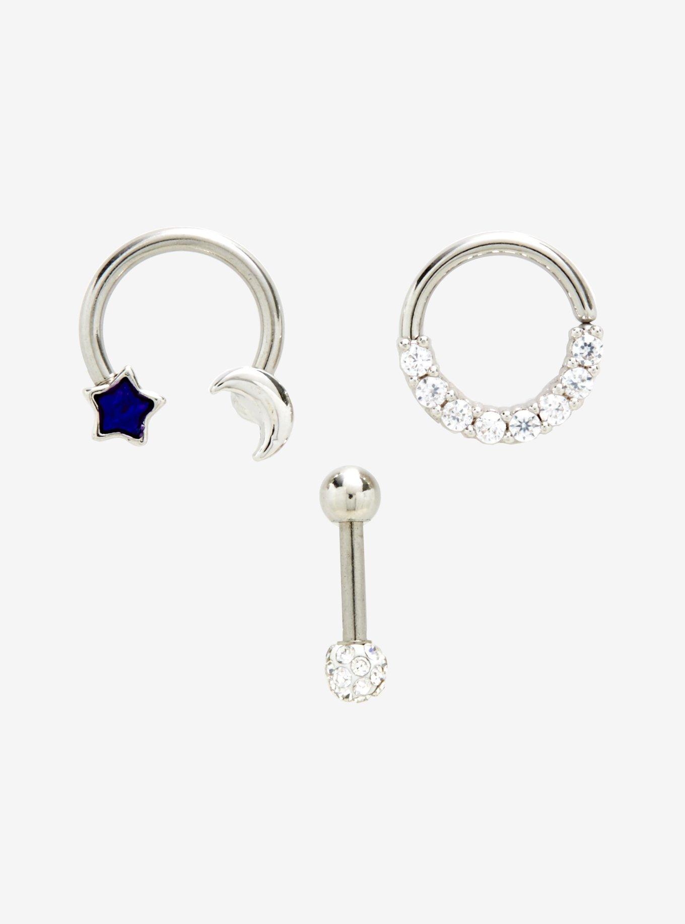 Silver CZ Gem Moon & Star Cartilage Hoop Set, SILVER, hi-res