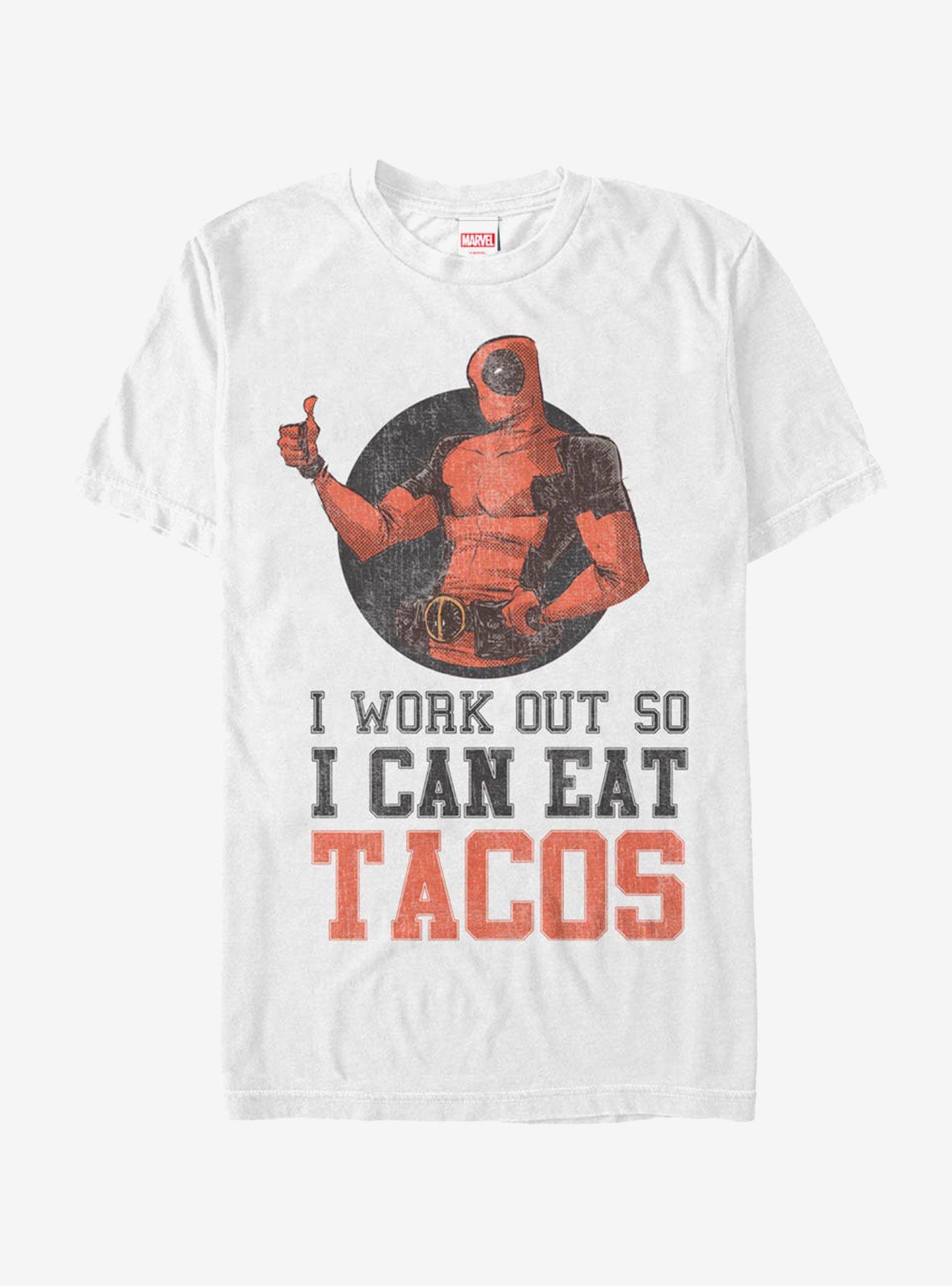 Marvel Deadpool Work Out Eat Tacos T-Shirt, WHITE, hi-res