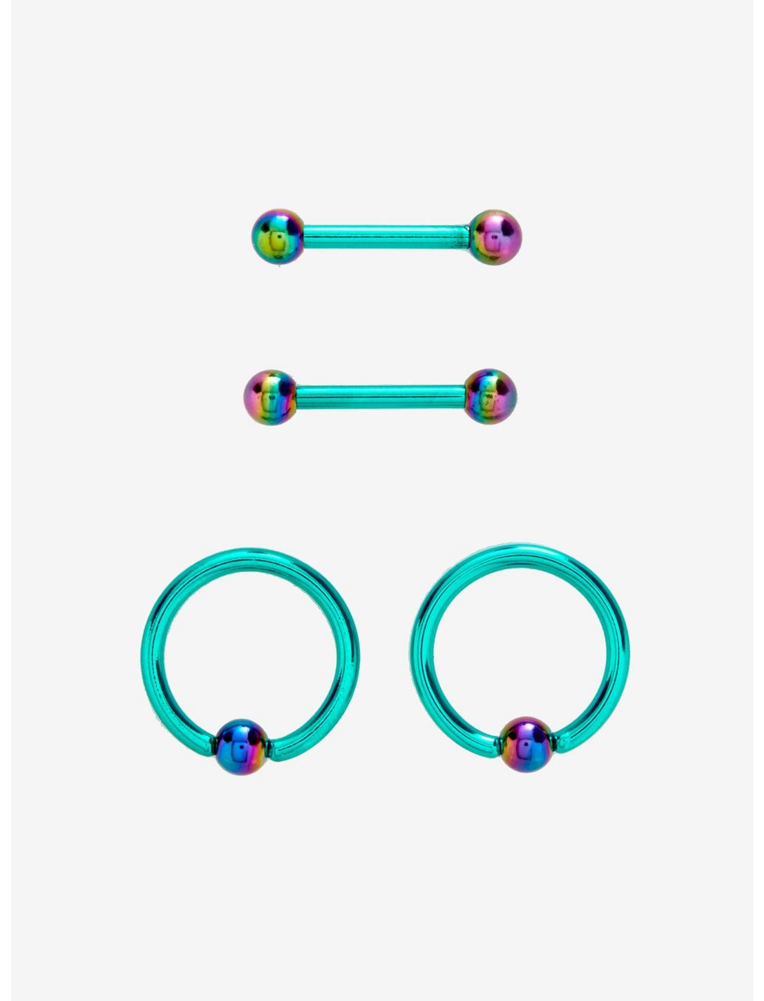 14G Anodized Green & Purple Steel Nipple Barbell 4 Pack, , hi-res