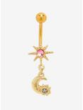 14G Steel Gold CZ Star & Moon Dangle Curved Navel Barbell, , hi-res