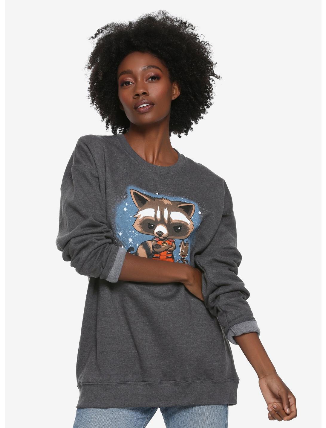 Marvel Guardians Of The Galaxy Rocket Raccoon Womens Sweatshirt - BoxLunch Exclusive, GREY, hi-res