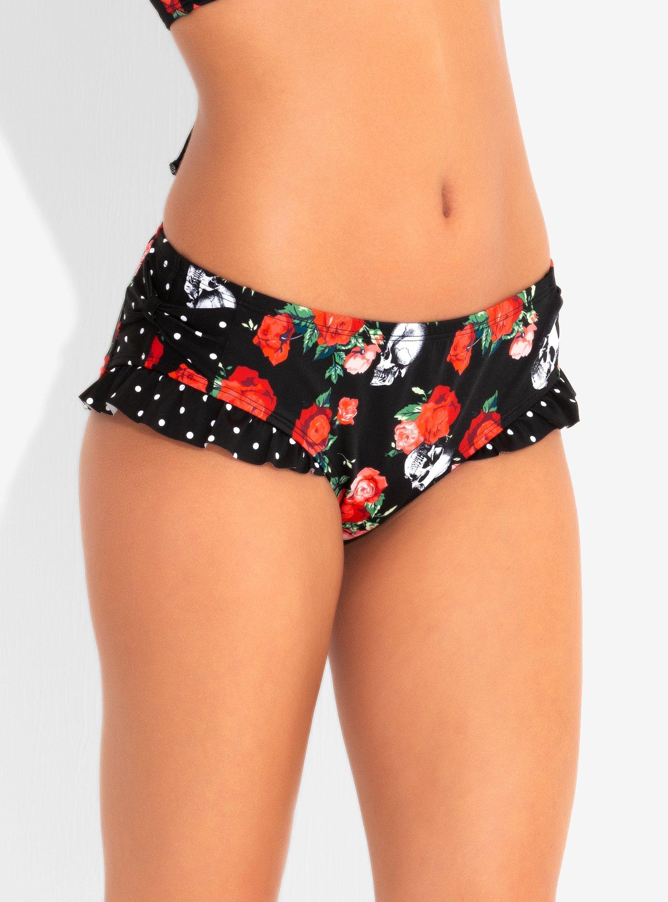 Polka Dots Skulls & Roses Swim Bottoms, BLACK, hi-res