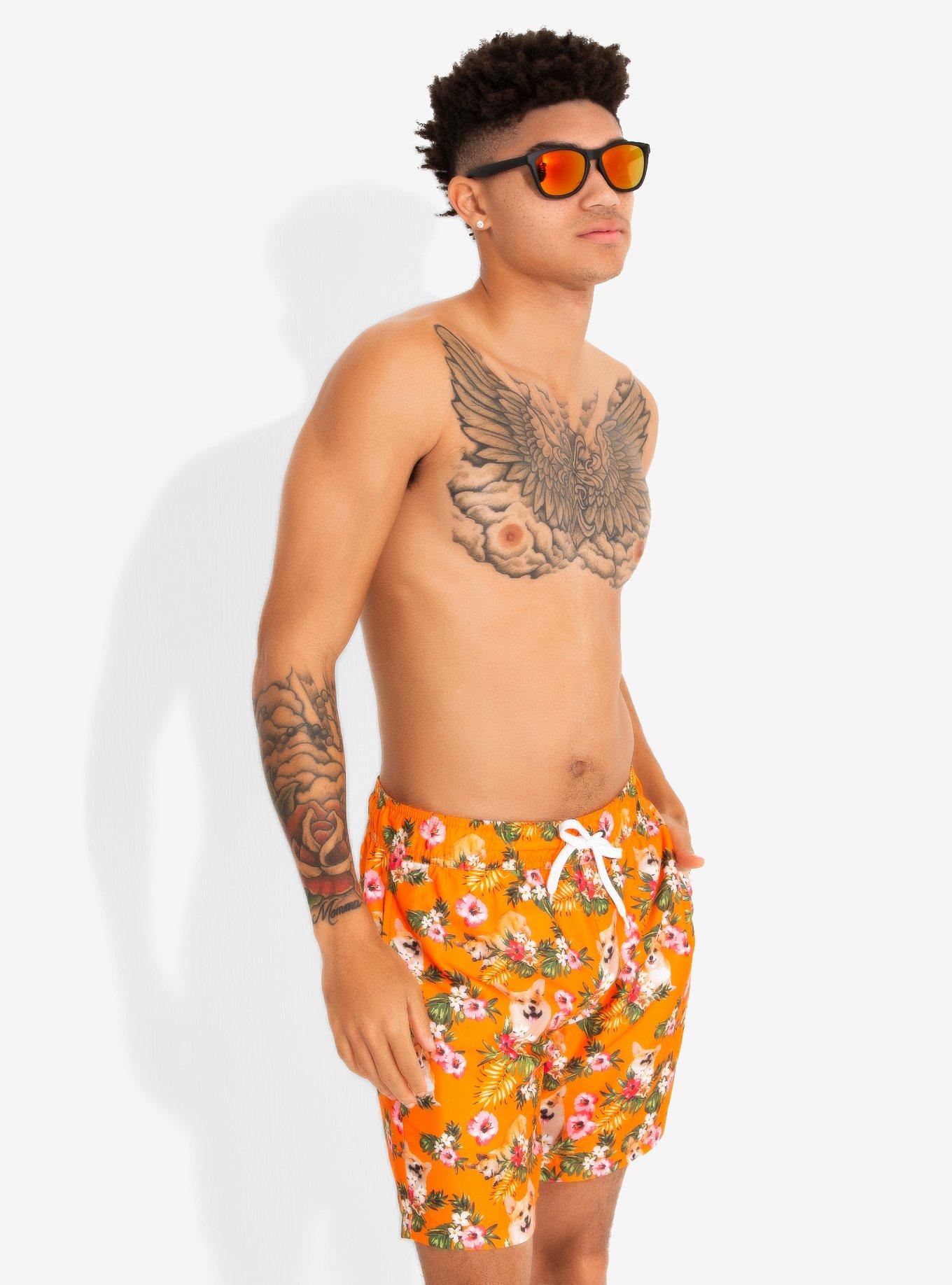 Orange Corgis & Flowers Swim Trunks, ORANGE, hi-res