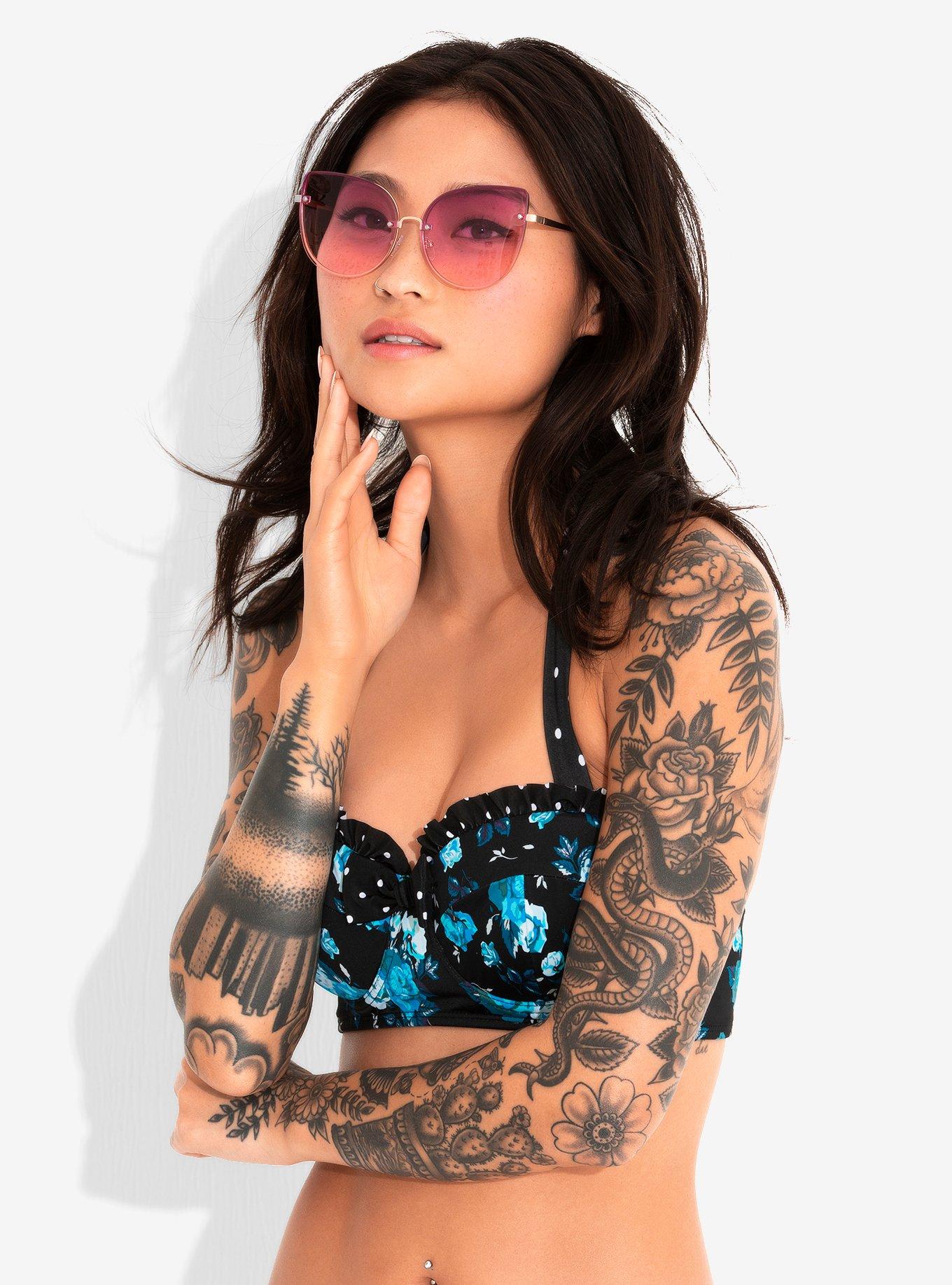 Retro Blue Floral Swim Top, BLACK, hi-res
