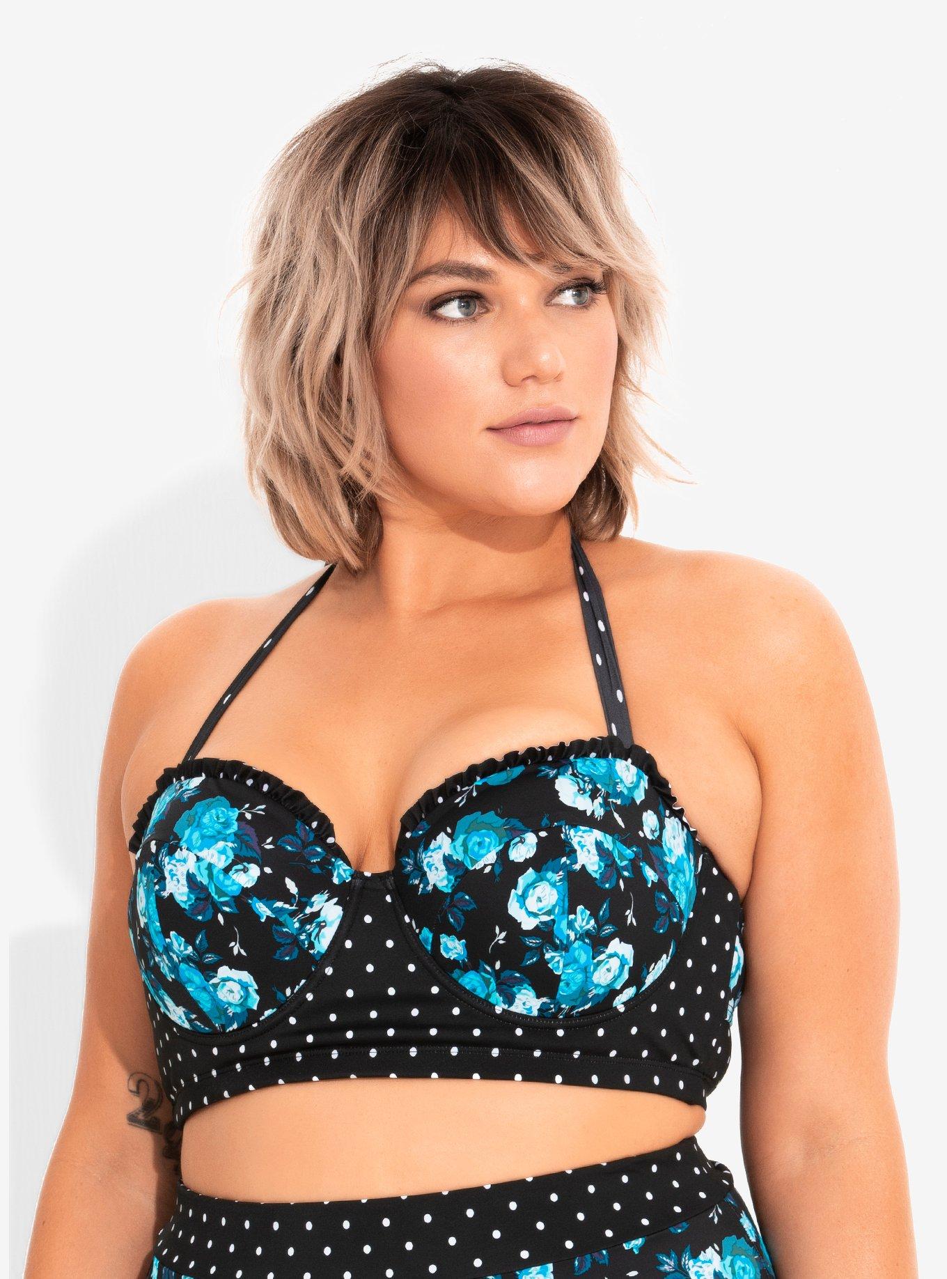 Retro Blue Floral Swim Top Plus Size, BLACK, hi-res