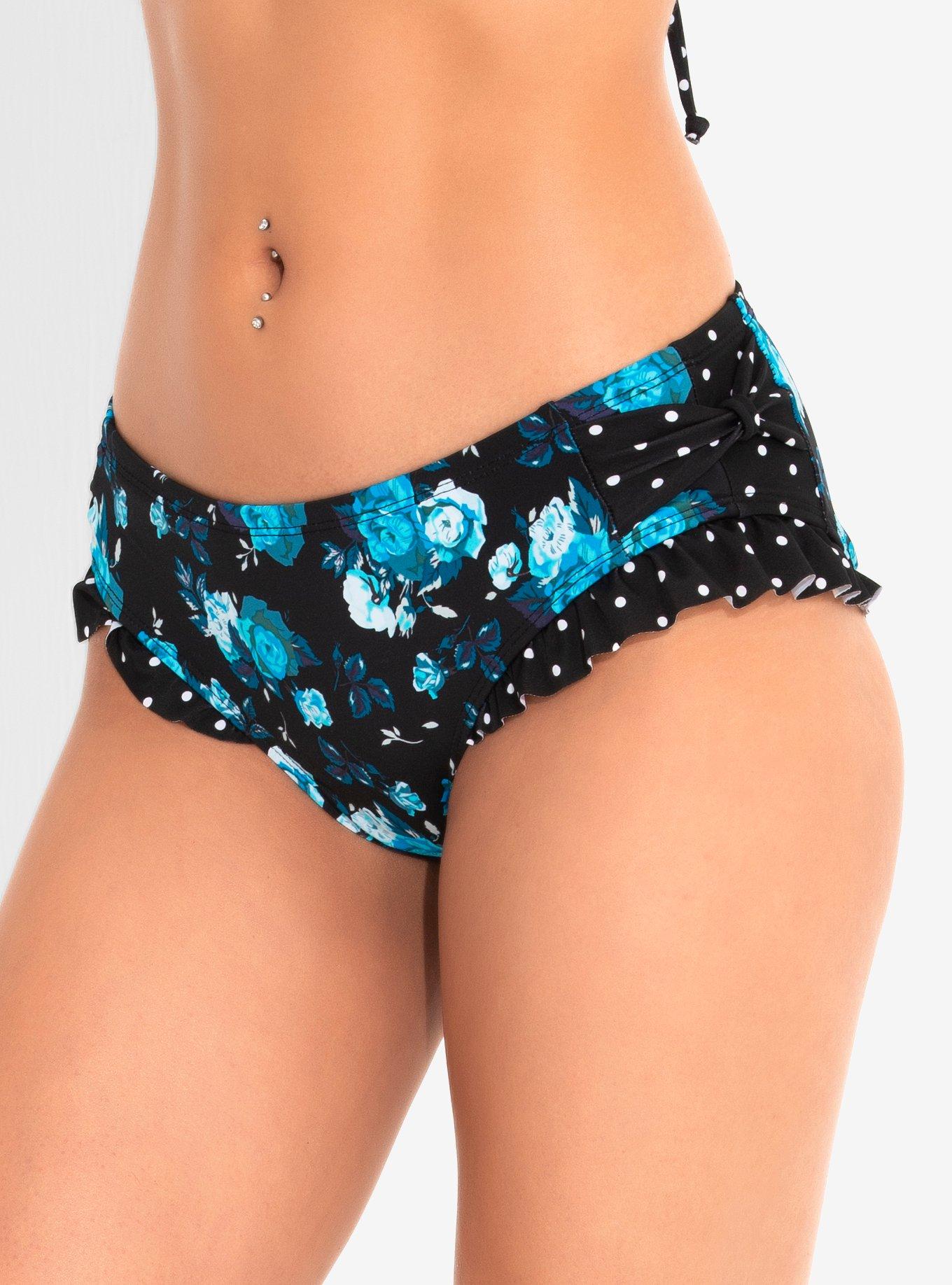 Retro Blue Floral Swim Bottoms, BLACK, hi-res