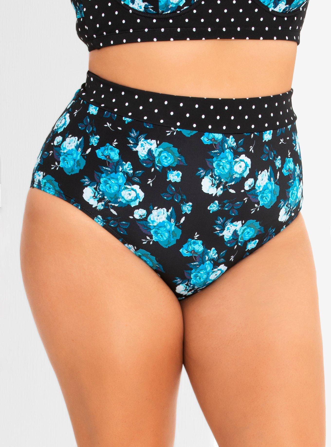 Retro Blue Floral Swim Bottoms Plus Size, BLACK, hi-res