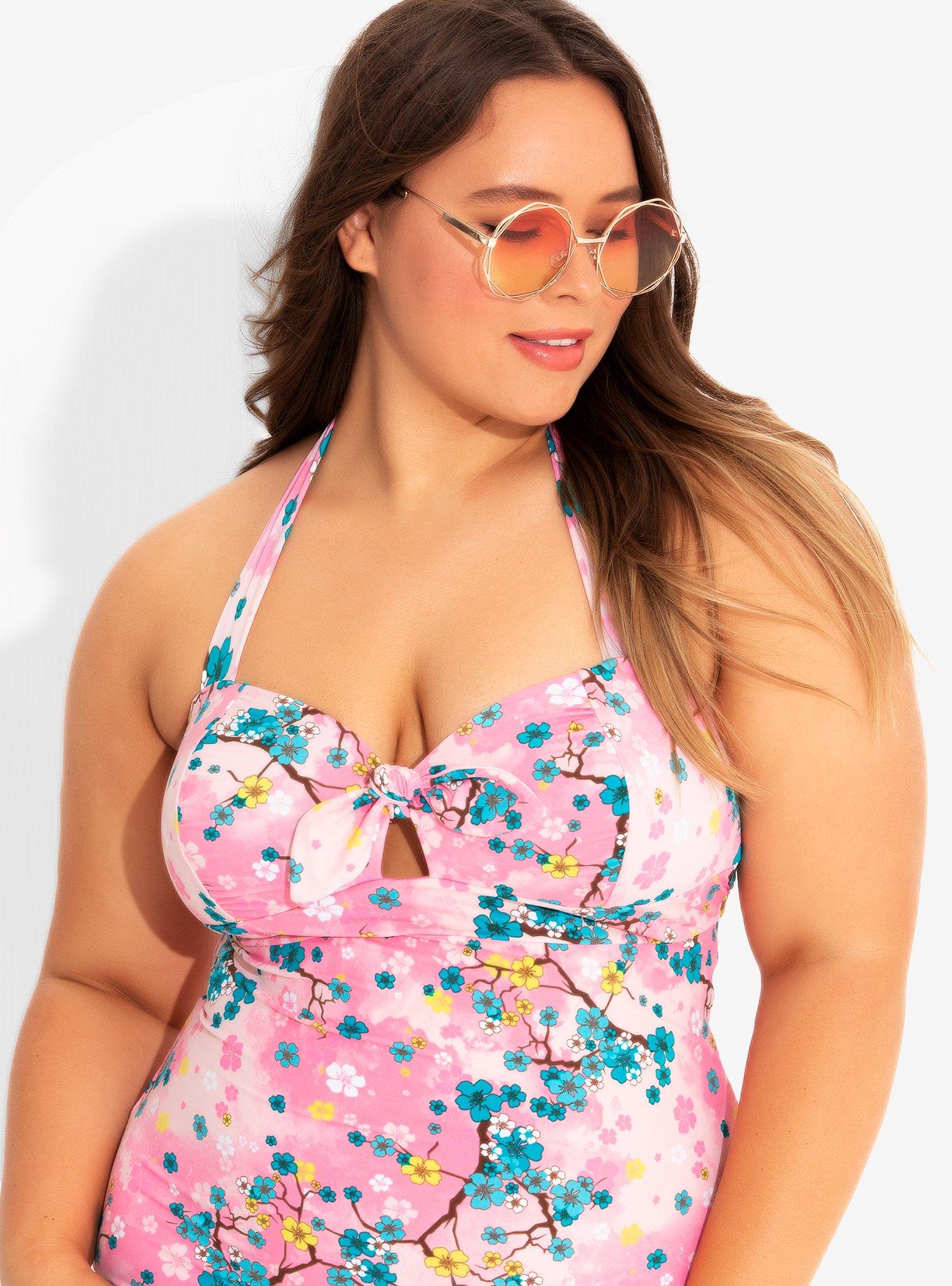 Cherry Blossom Swimsuit Plus Size, BLACK, hi-res