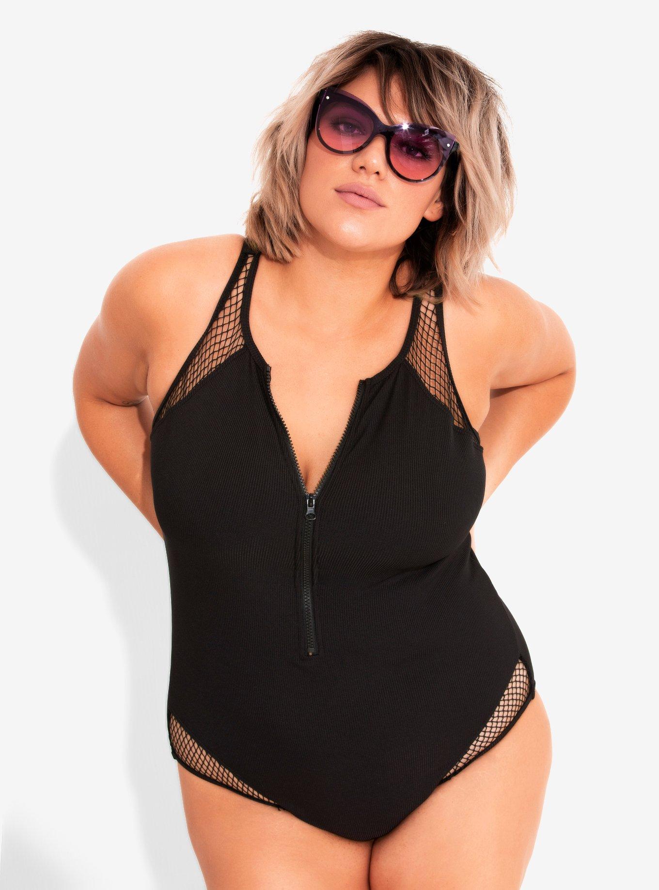 Black Ribbed Zip-Up Swimsuit Plus Size, BLACK, hi-res