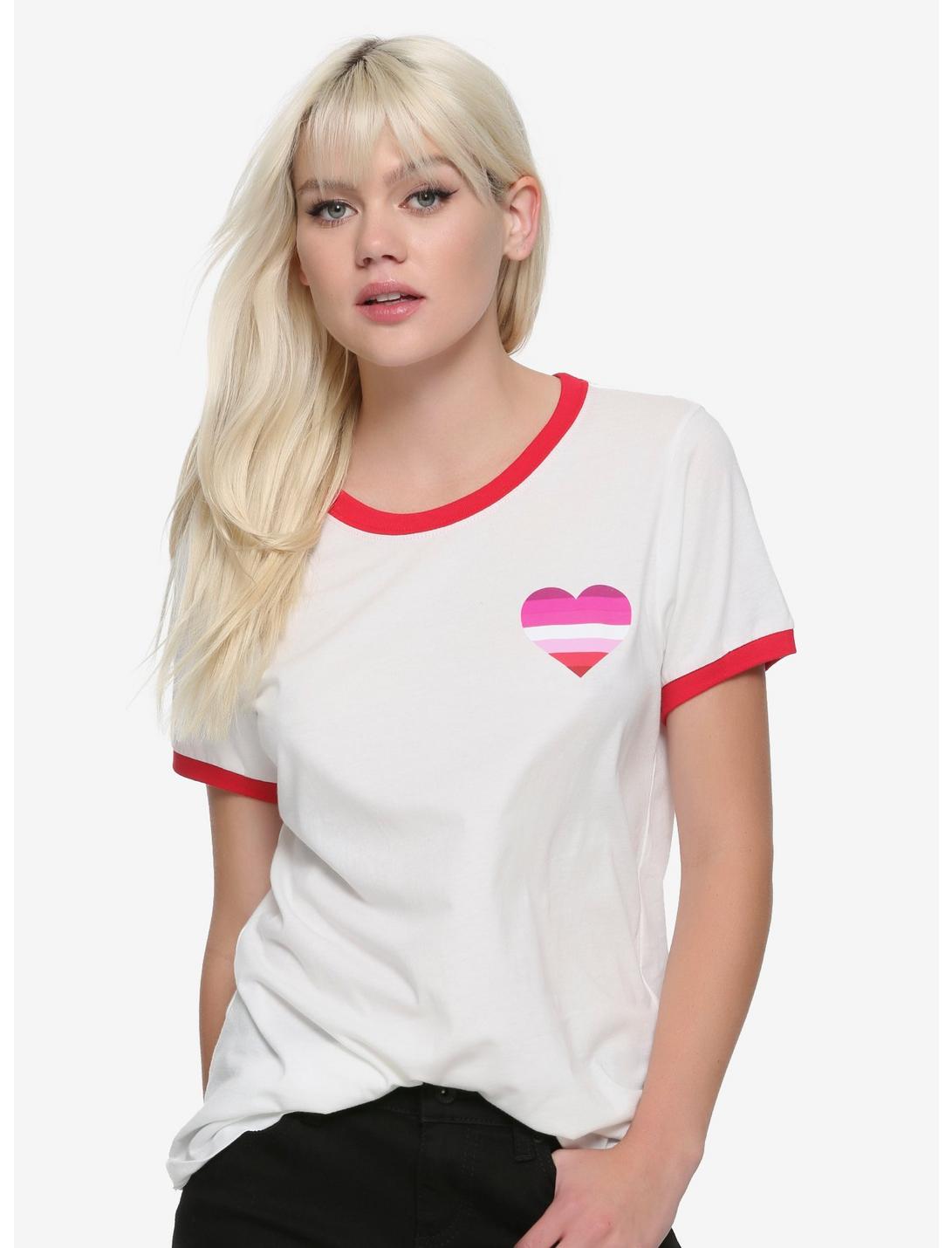 Lesbian Flag Heart Girls Ringer T-Shirt, PINK, hi-res