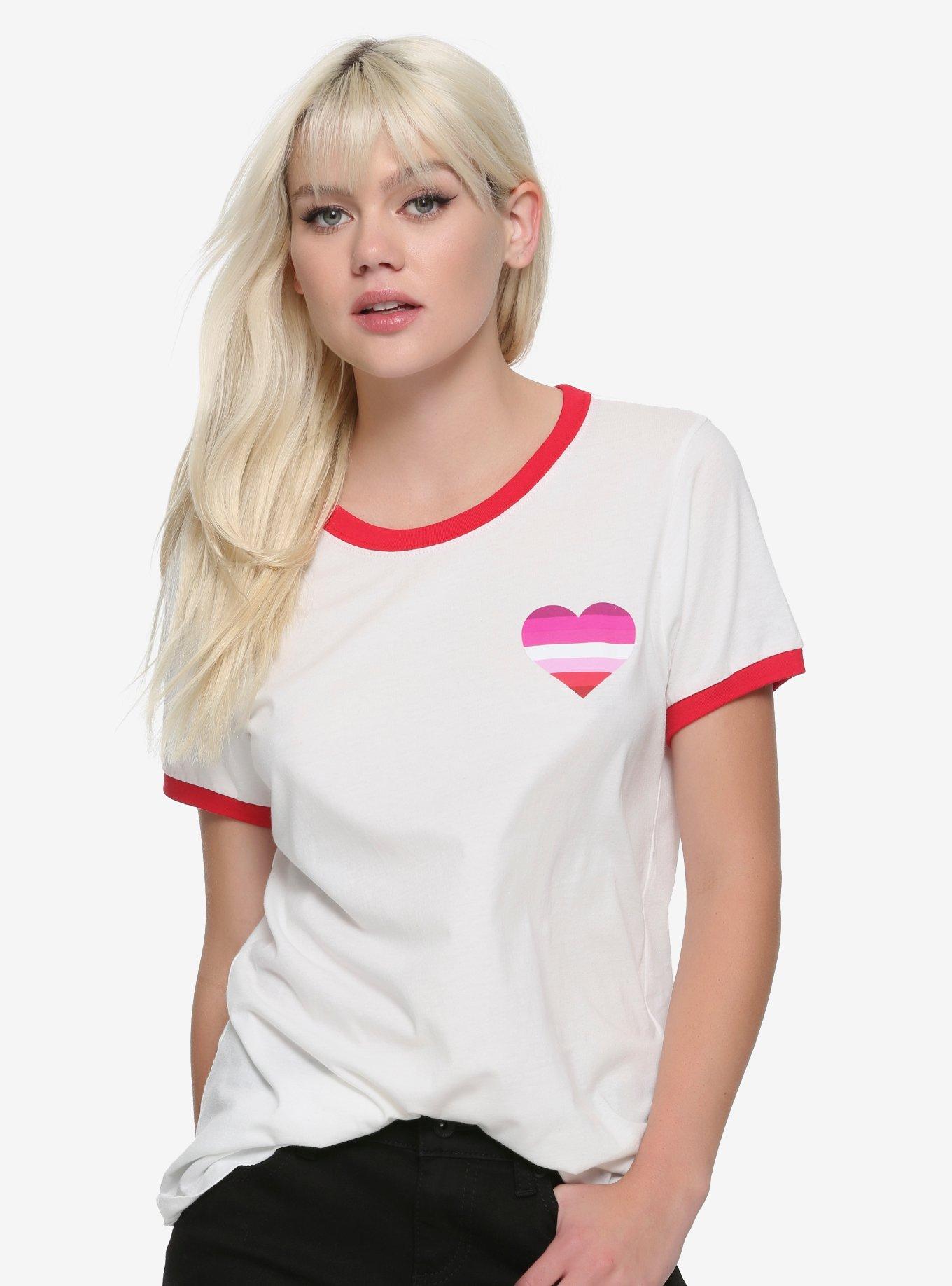 Lesbian Flag Heart Girls Ringer T-Shirt, PINK, hi-res