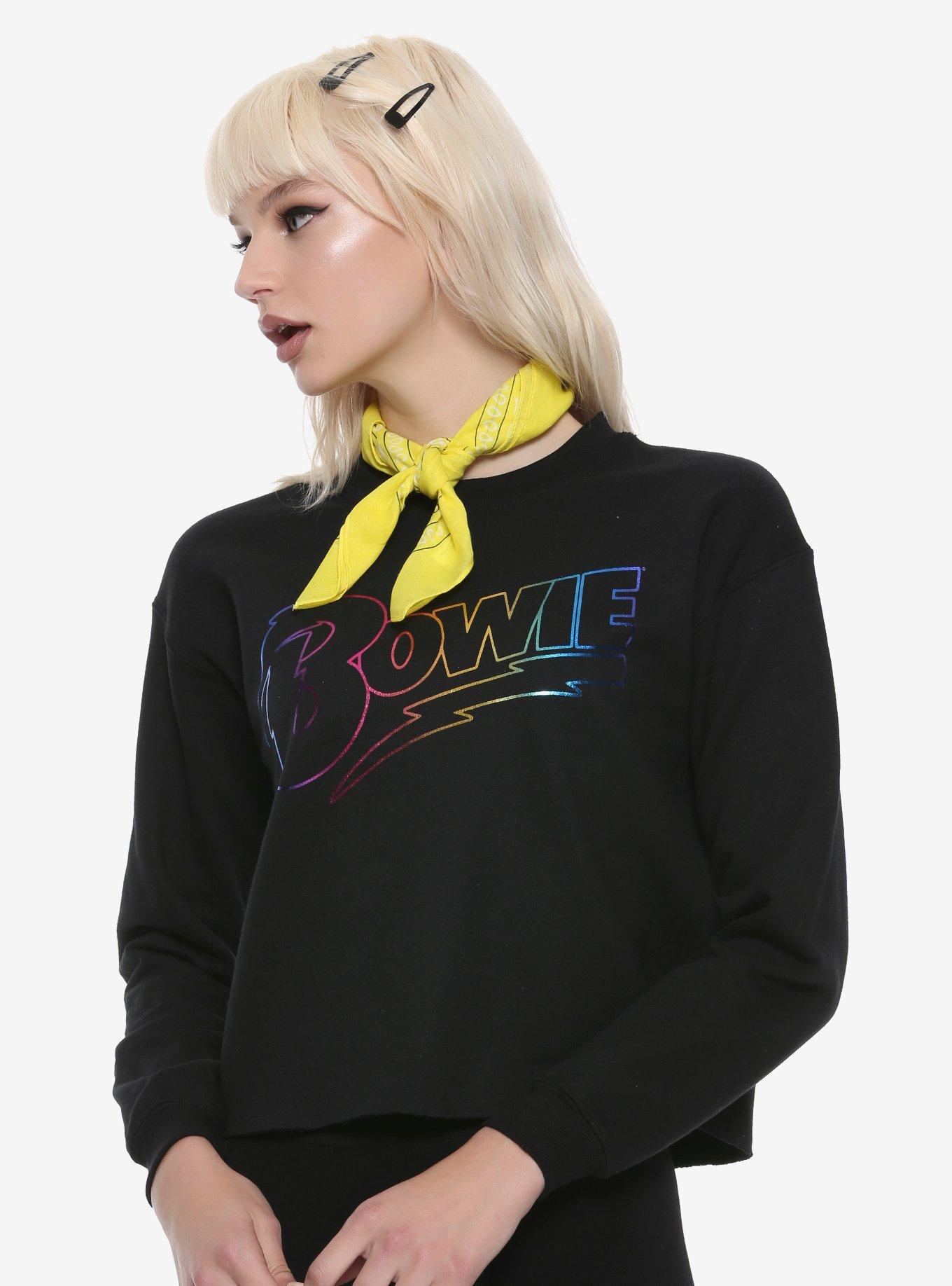 David Bowie Rainbow Foil Girls Crop Sweatshirt, BLACK, hi-res
