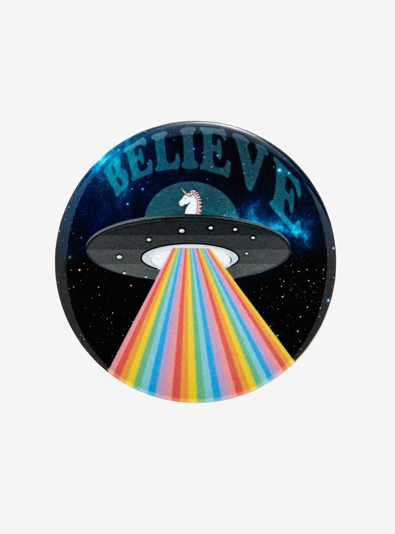 Unicorn Spaceship Rainbow Believe Button, , hi-res