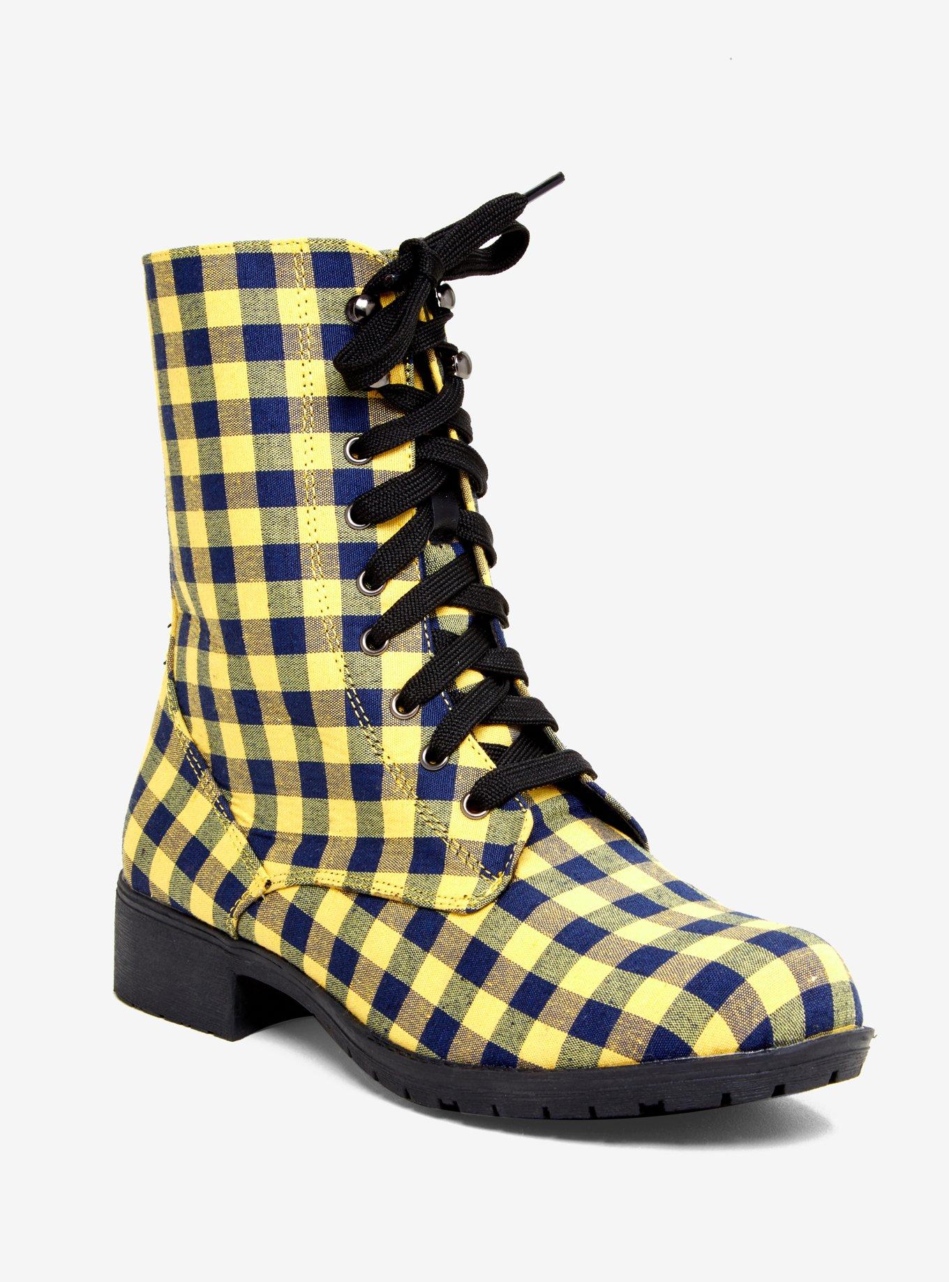 Yellow & Blue Gingham Combat Boots, PLAID, hi-res