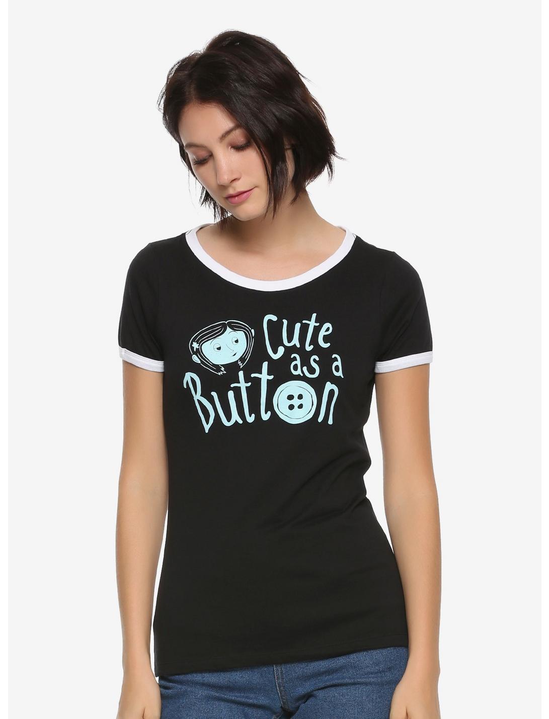 Coraline Cute Button Womens Ringer T-Shirt - BoxLunch Exclusive, BLACK, hi-res