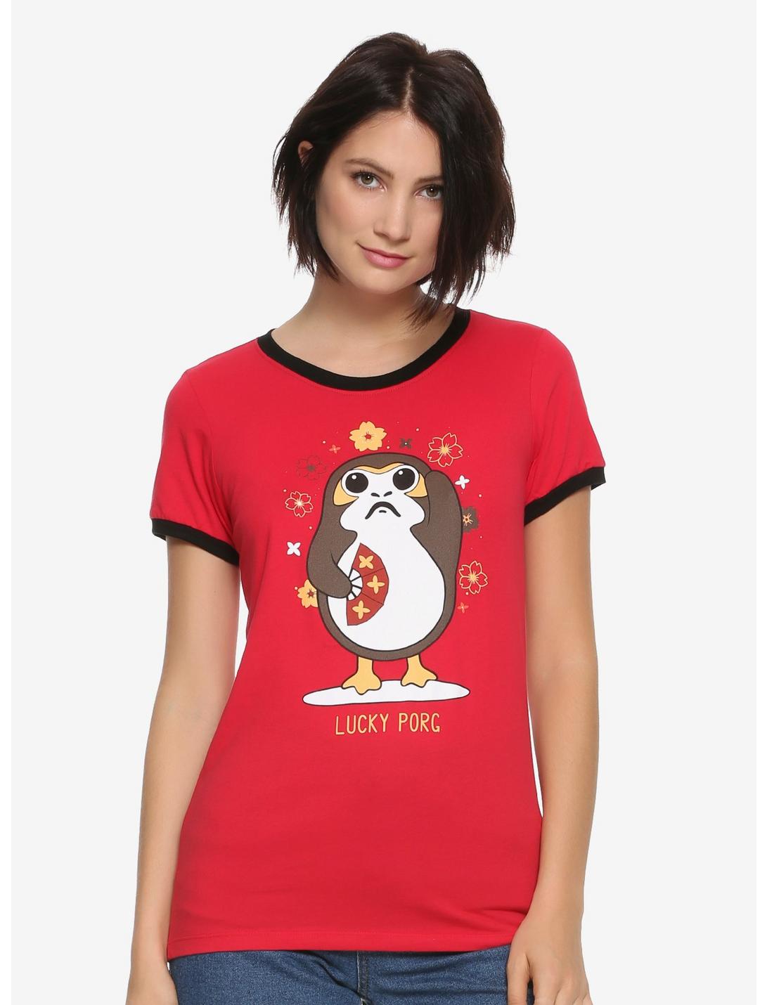Star Wars Lucky Porg Womens Ringer T-Shirt - BoxLunch Exclusive, RED, hi-res