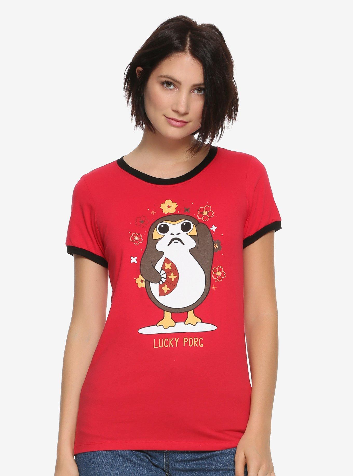 Star Wars Lucky Porg Womens Ringer T-Shirt - BoxLunch Exclusive, RED, hi-res