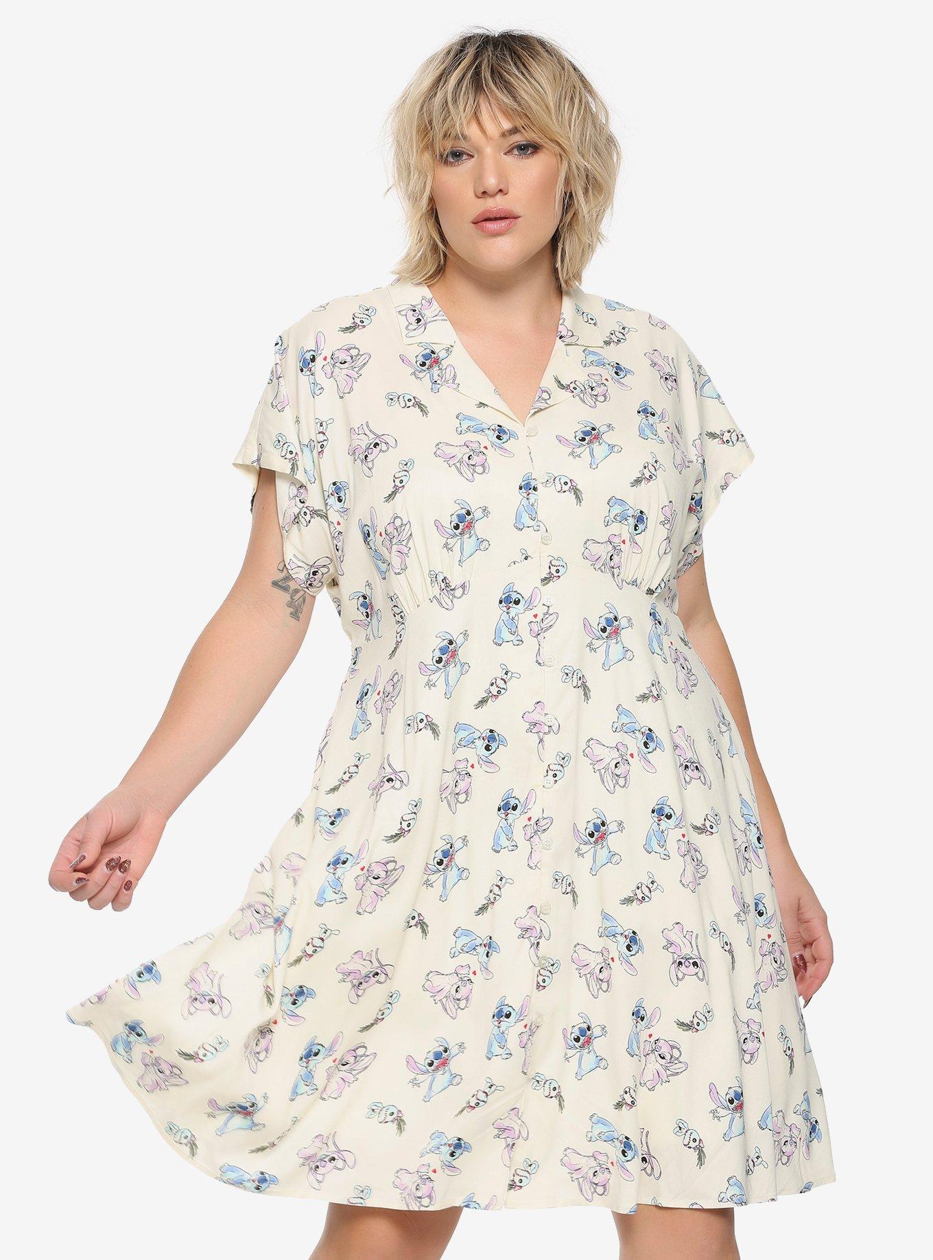 Her Universe Disney Lilo & Stitch Angel & Stitch Button-Front Collar Dress Plus Size, TAN/BEIGE, hi-res