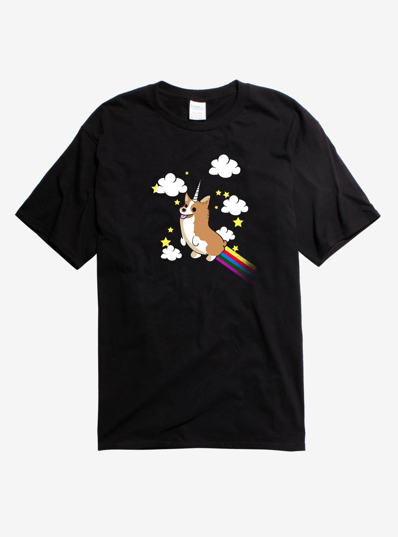 Flying Corgi-Corn with Rainbow T-Shirt, BLACK, hi-res