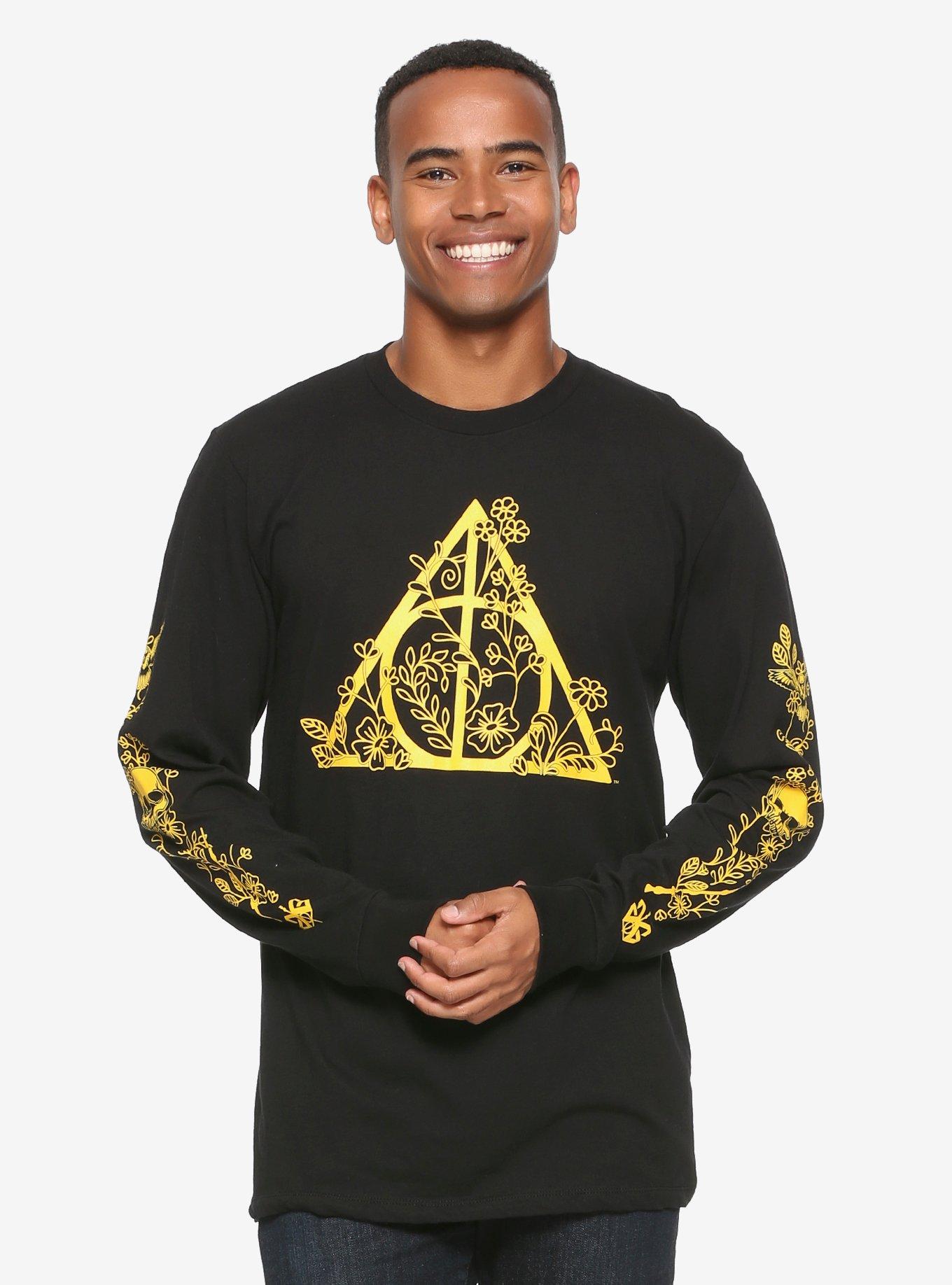 Harry Potter Floral Deathly Hallows Long Sleeve T-Shirt - BoxLunch Exclusive, BLACK, hi-res