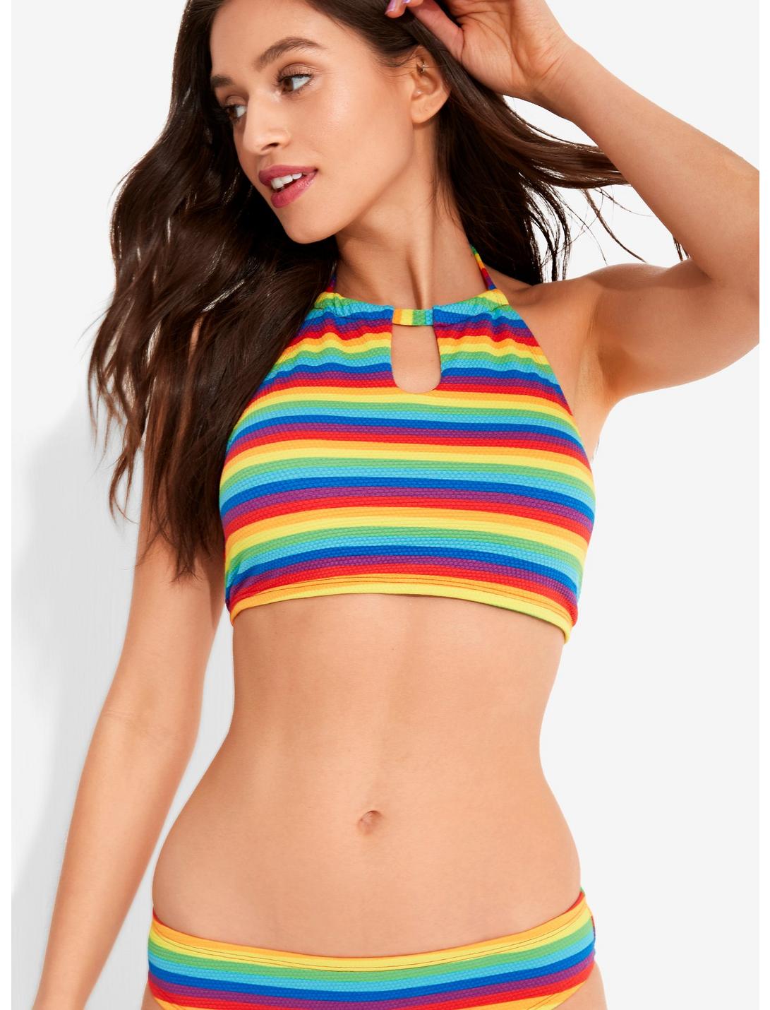 Rainbow Stripes Textured Swim Top, RAINBOW, hi-res