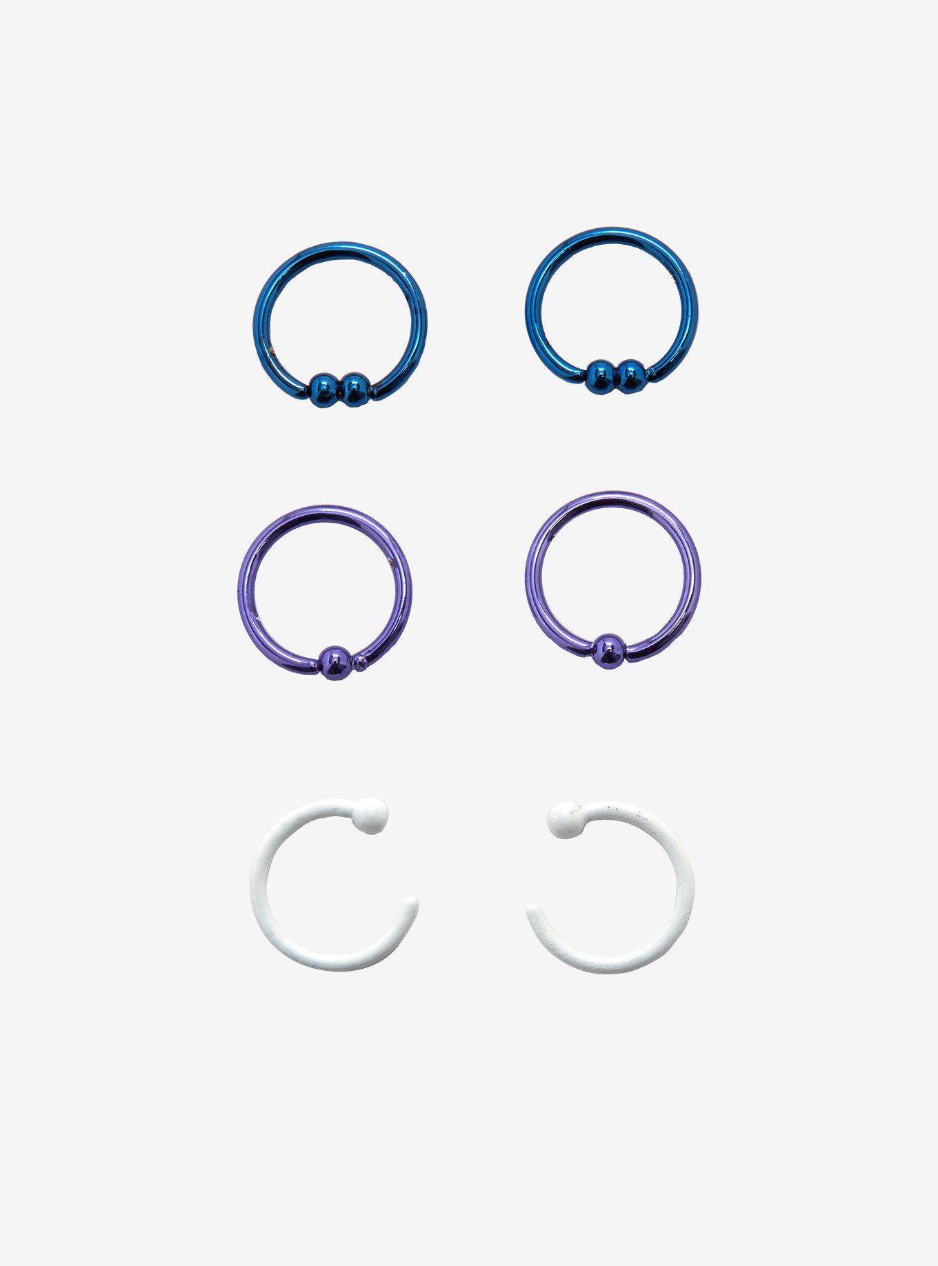 Blue White & Purple Nose Hoops 6 Pack, MULTI, hi-res