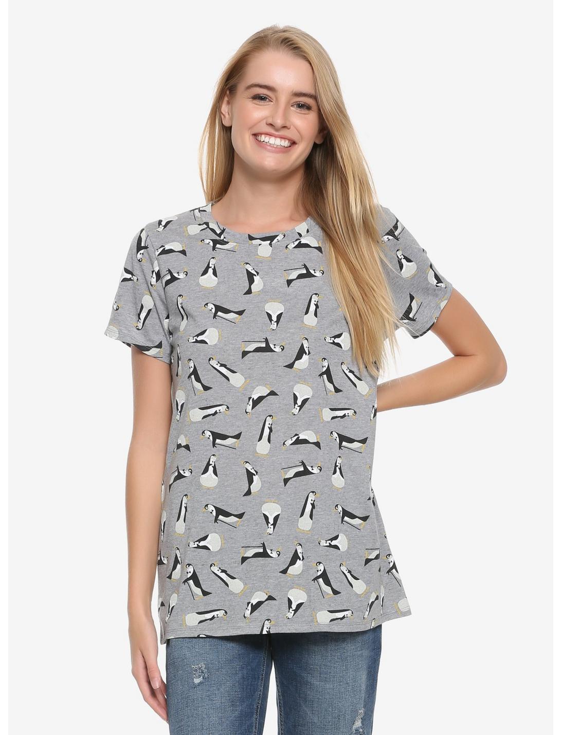 Disney Mary Poppins Penguin Allover Print Womens T-Shirt - BoxLunch Exclusive, GREY, hi-res