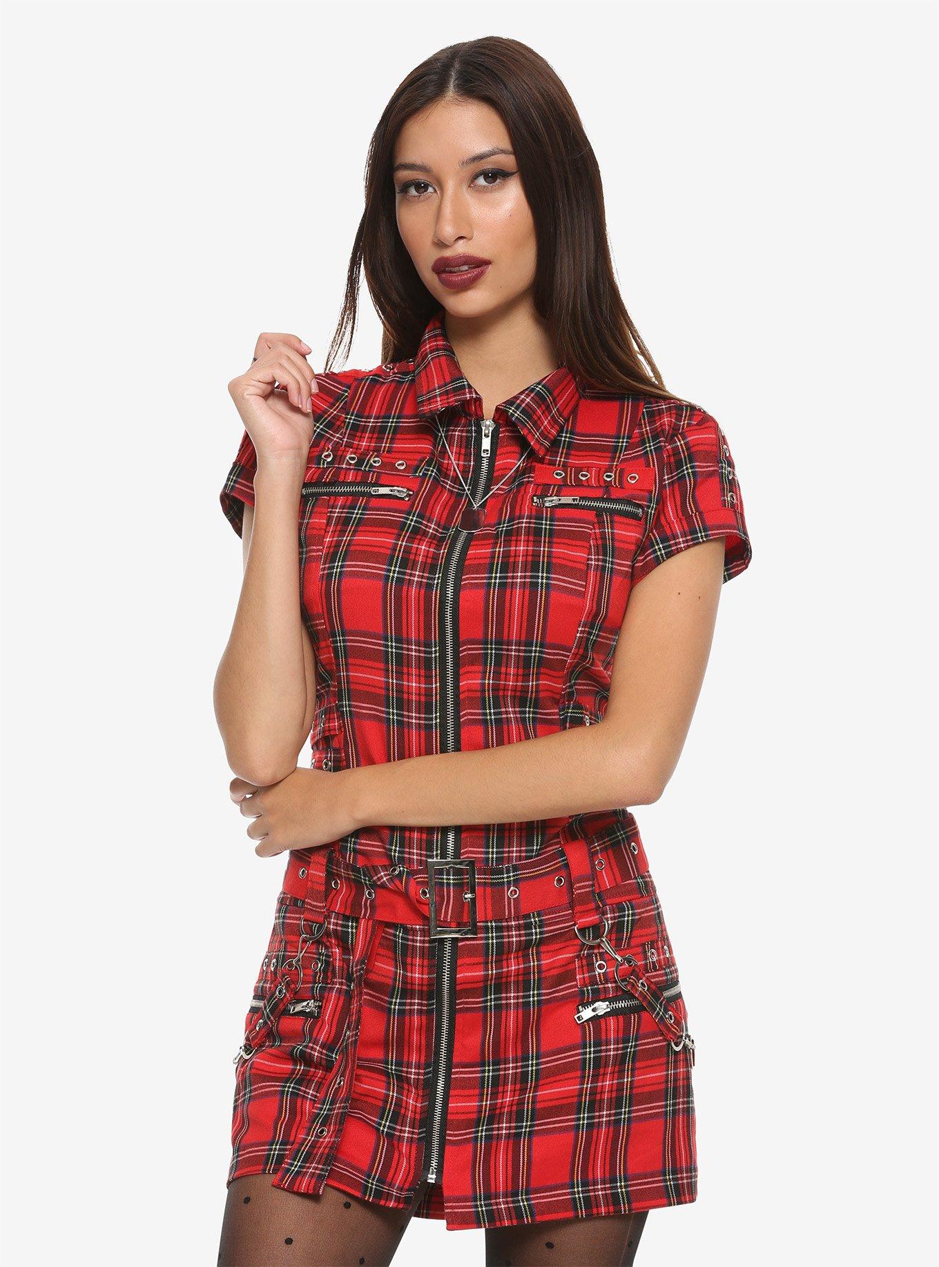 Red Plaid Zipper Bondage Dress, PLAID, hi-res