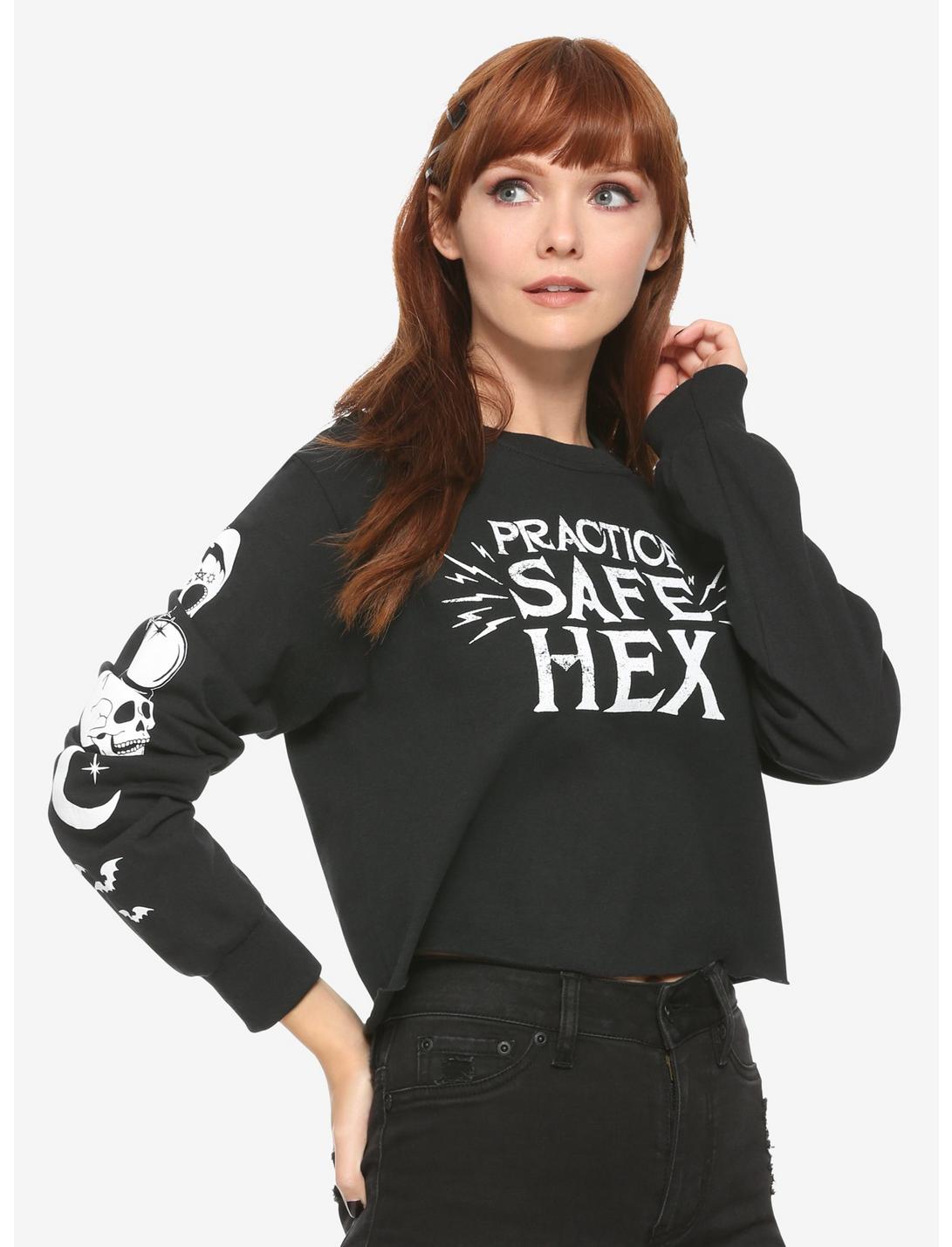 Practice Safe Hex Girls Long-Sleeve Crop T-Shirt, BLACK, hi-res