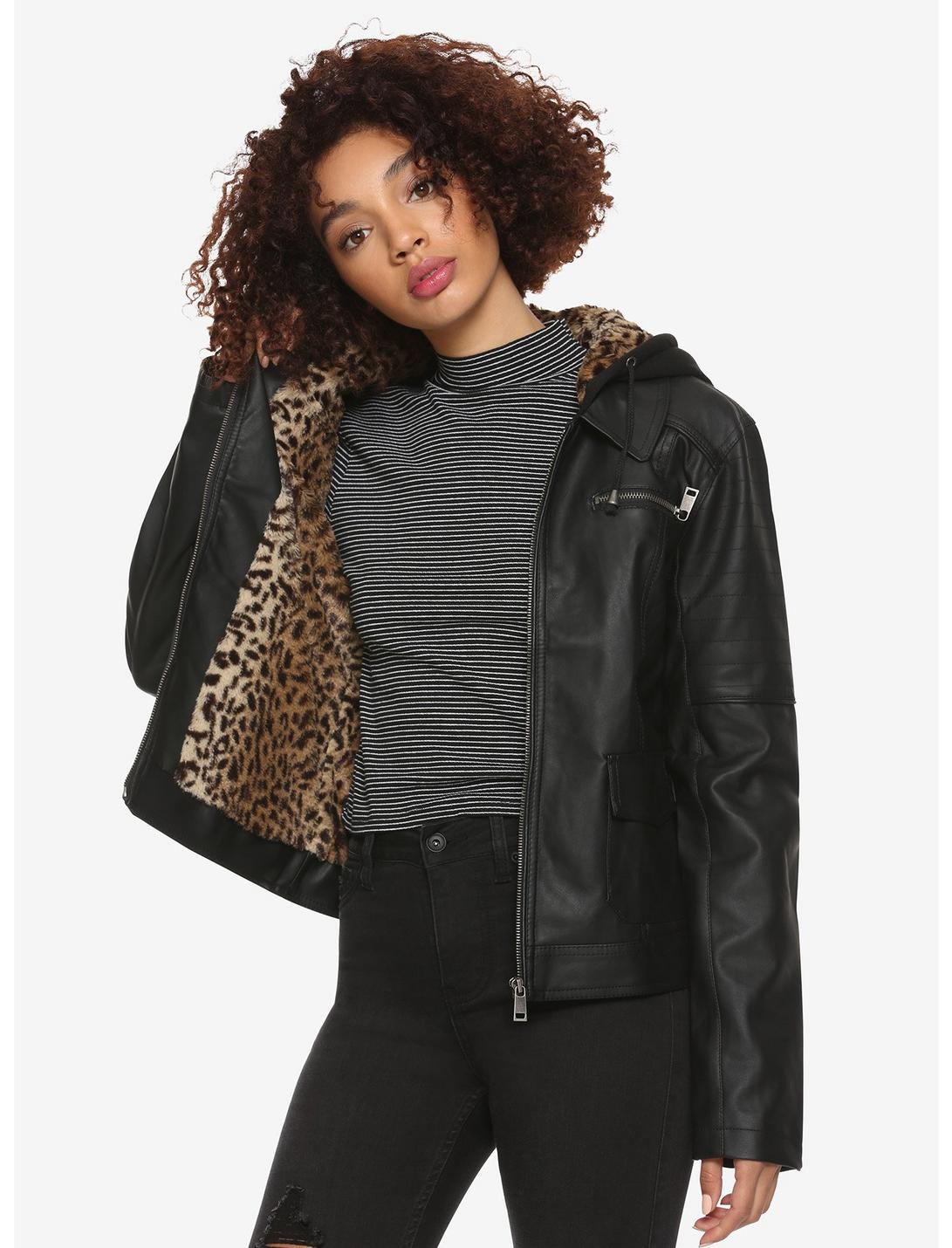 Leopard Print Moto Girls Hooded Jacket, BLACK, hi-res