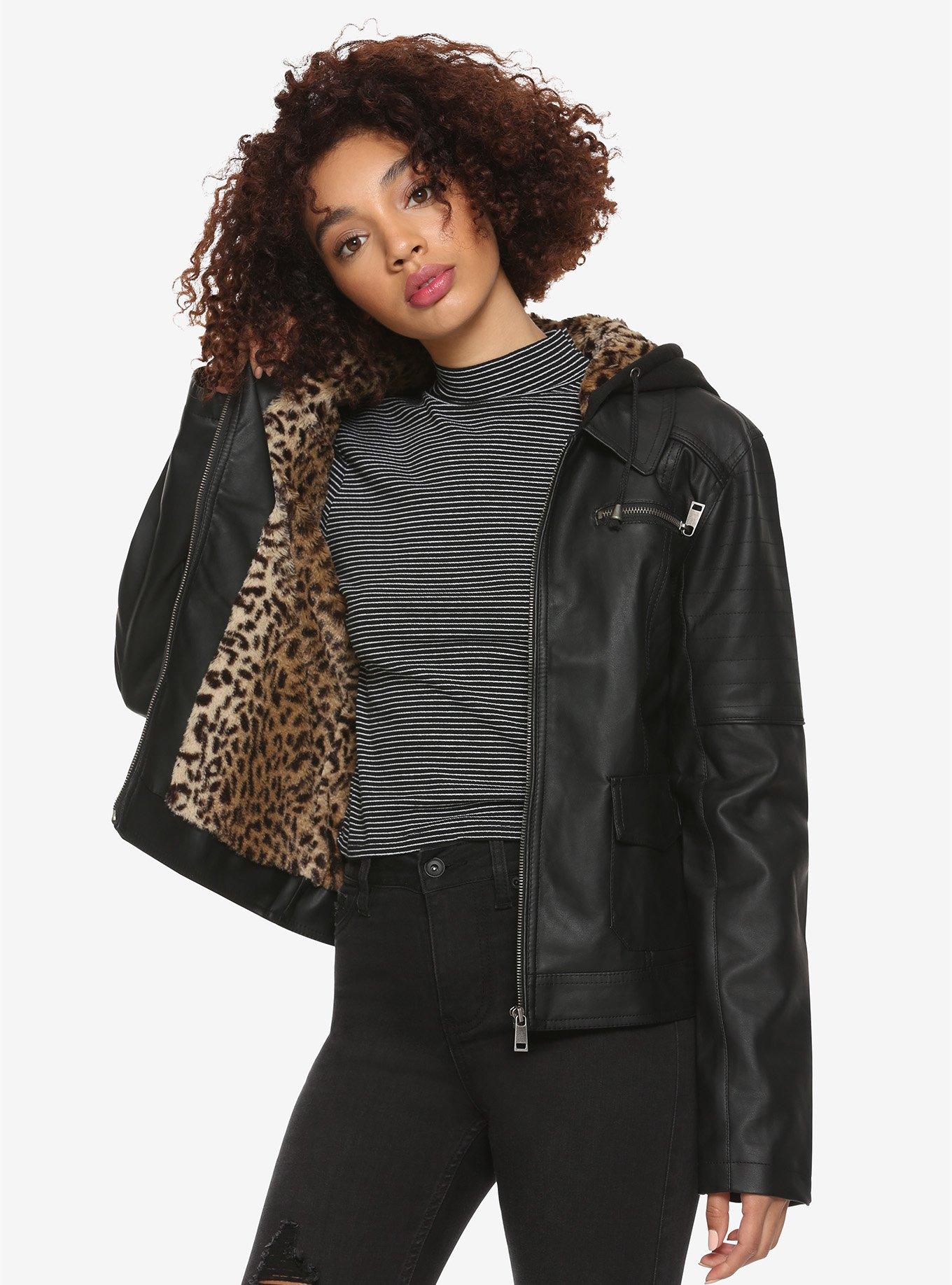 Leopard Print Moto Girls Hooded Jacket, BLACK, hi-res