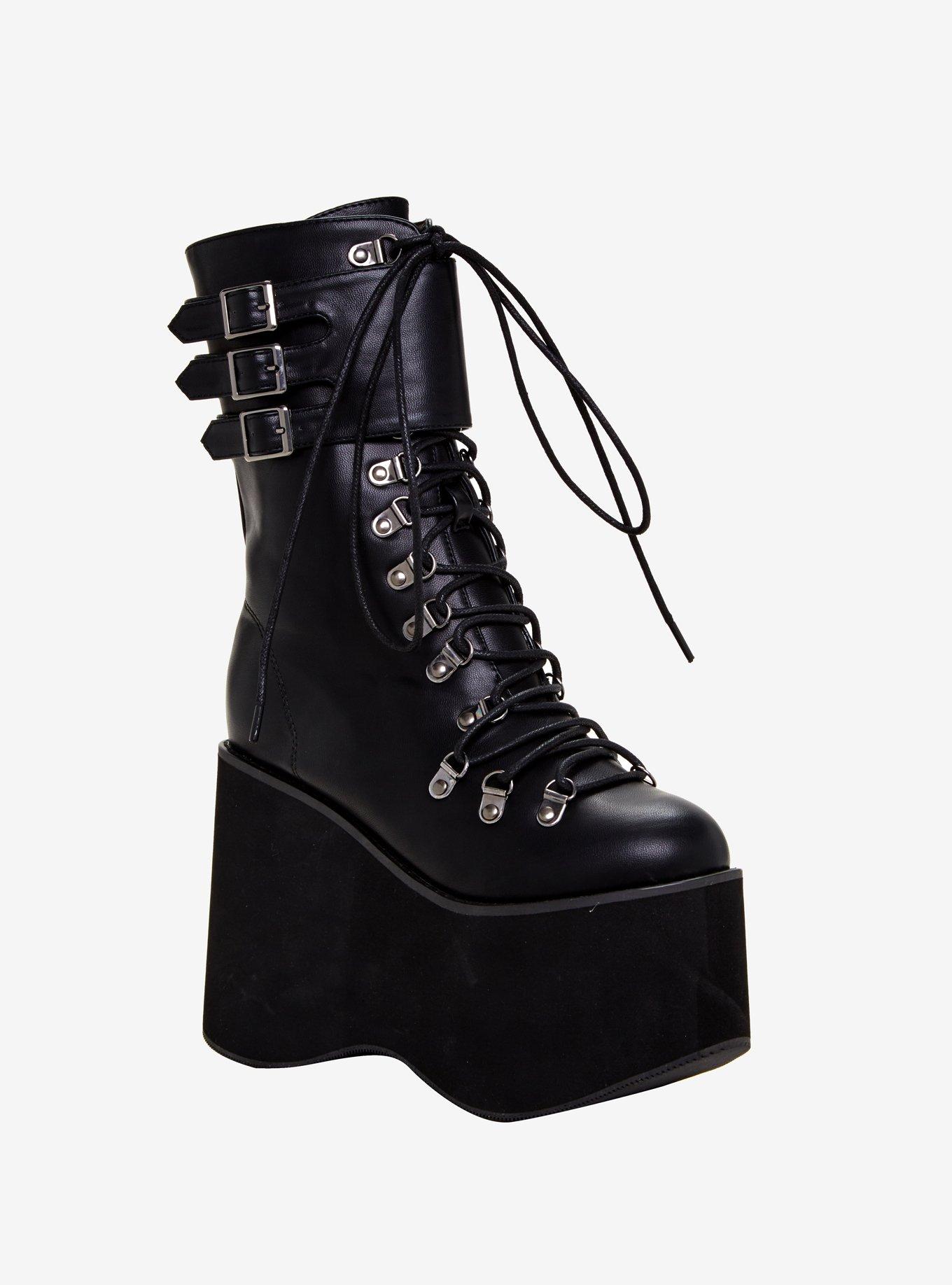 Triple Strap Combat Platform Boots, BLACK, hi-res