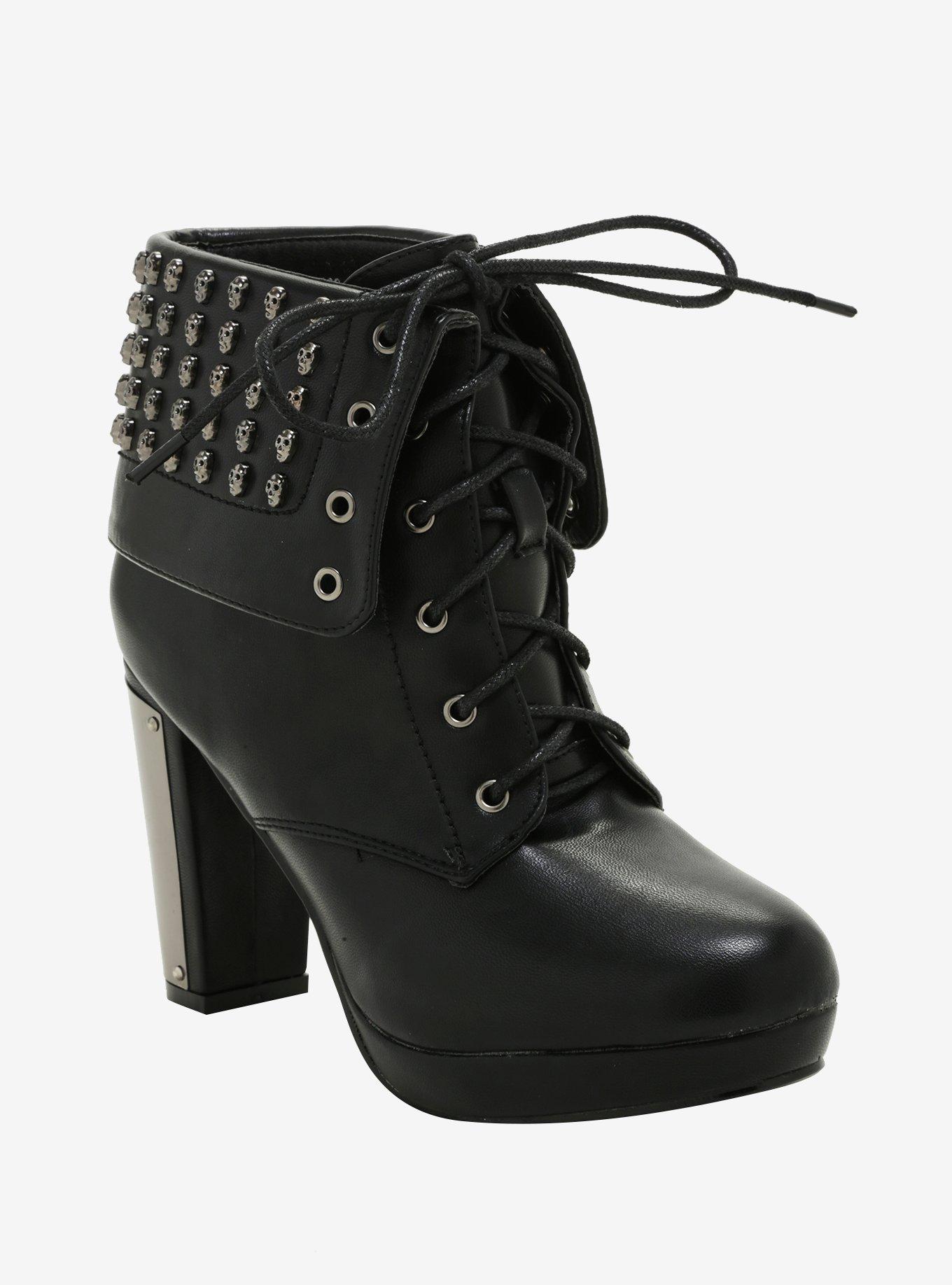 Skull Studded Combat Booties, BLACK, hi-res