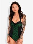 Green Floral Lace Panel Swimsuit, BLACK, hi-res