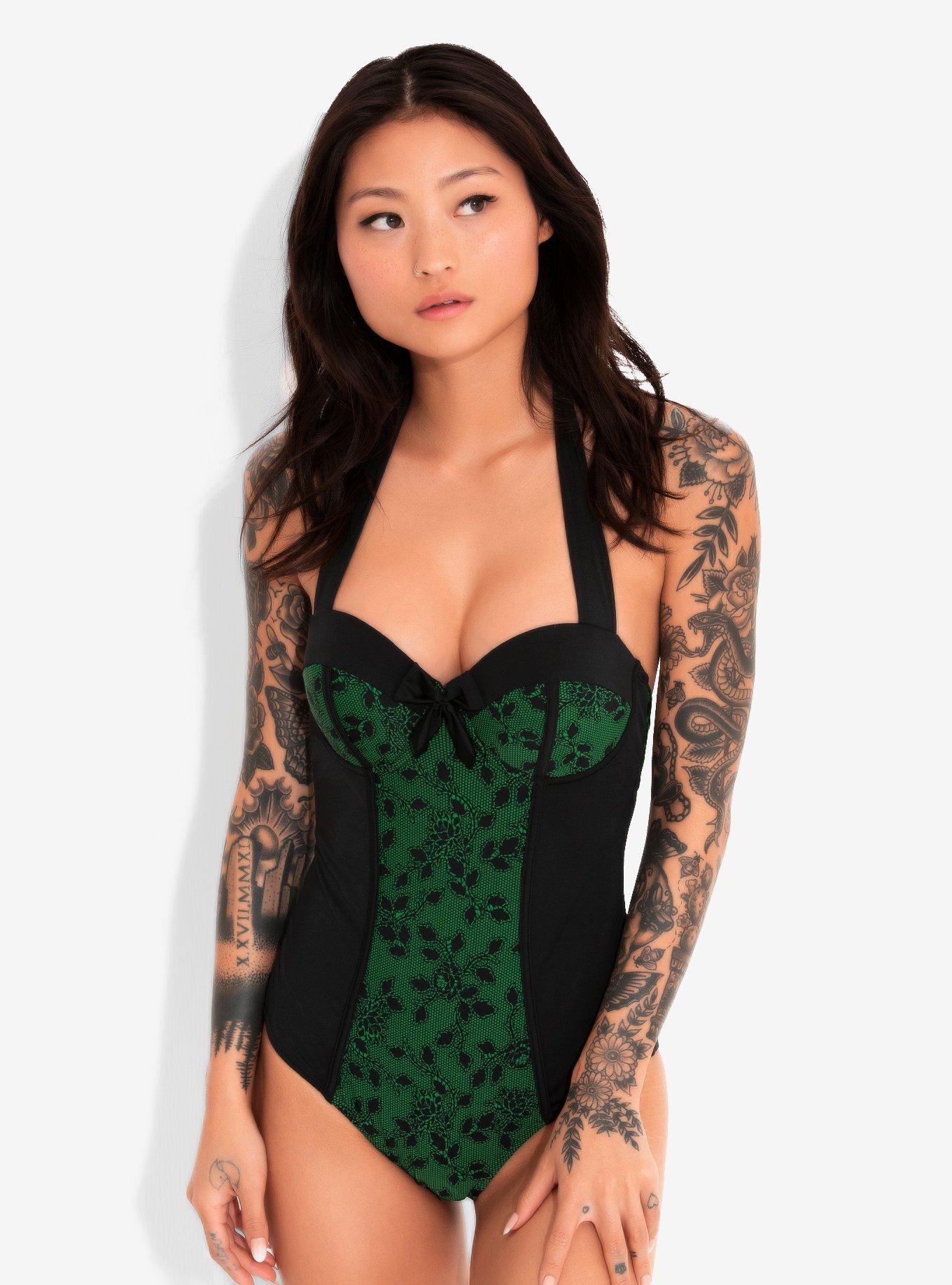 Green Floral Lace Panel Swimsuit