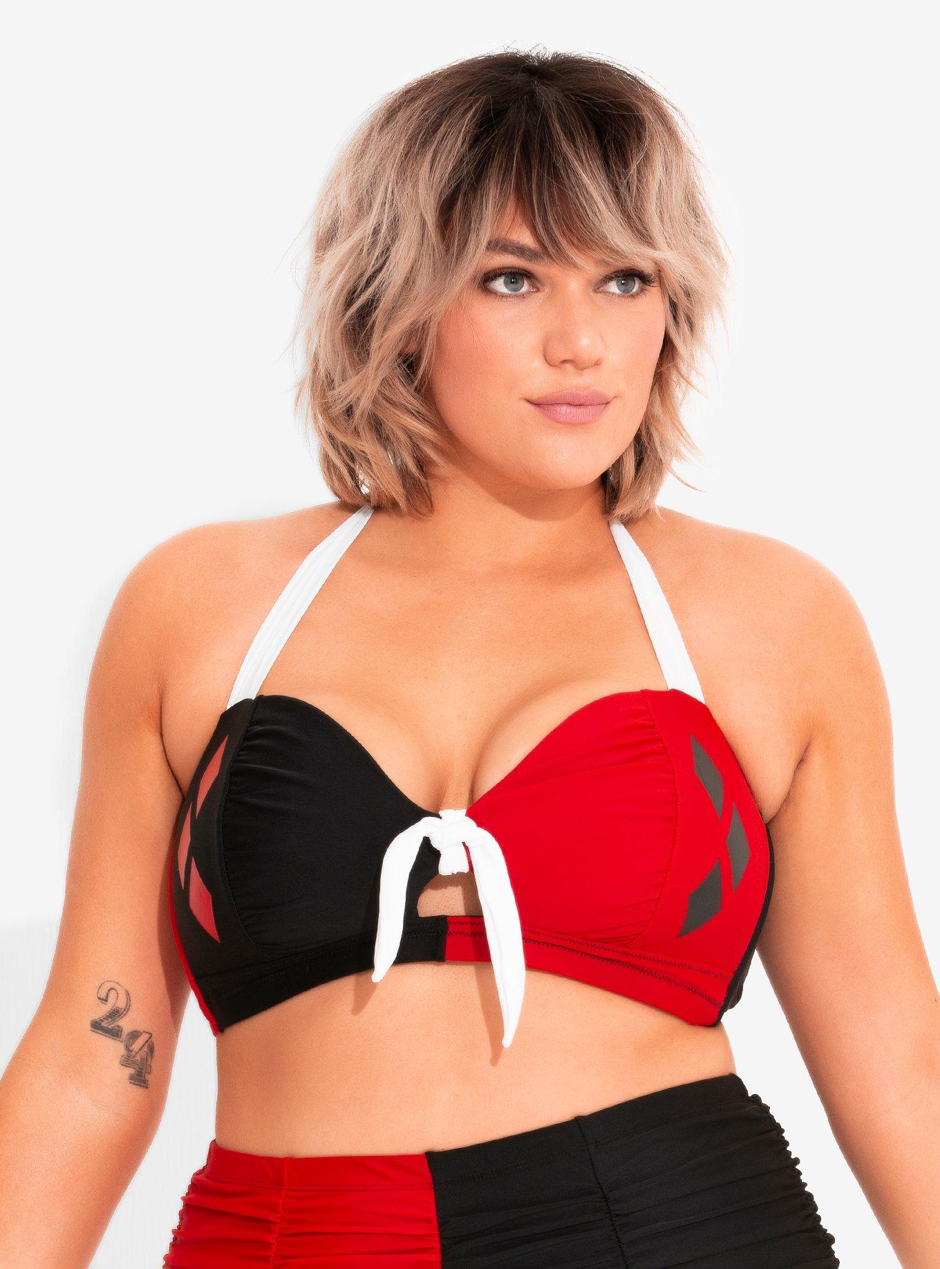 Her Universe DC Comics Harley Quinn Tie-Front Swim Top Plus Size, BLACK  RED, hi-res