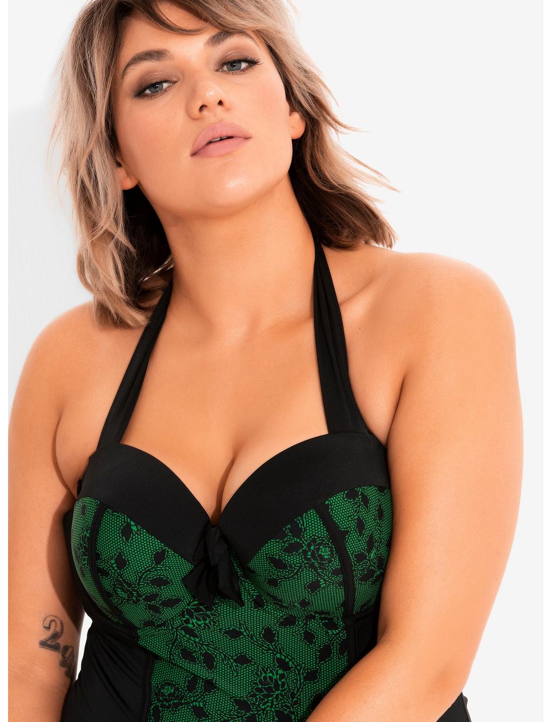Green Floral Lace Panel Swimsuit Plus Size, BLACK, hi-res